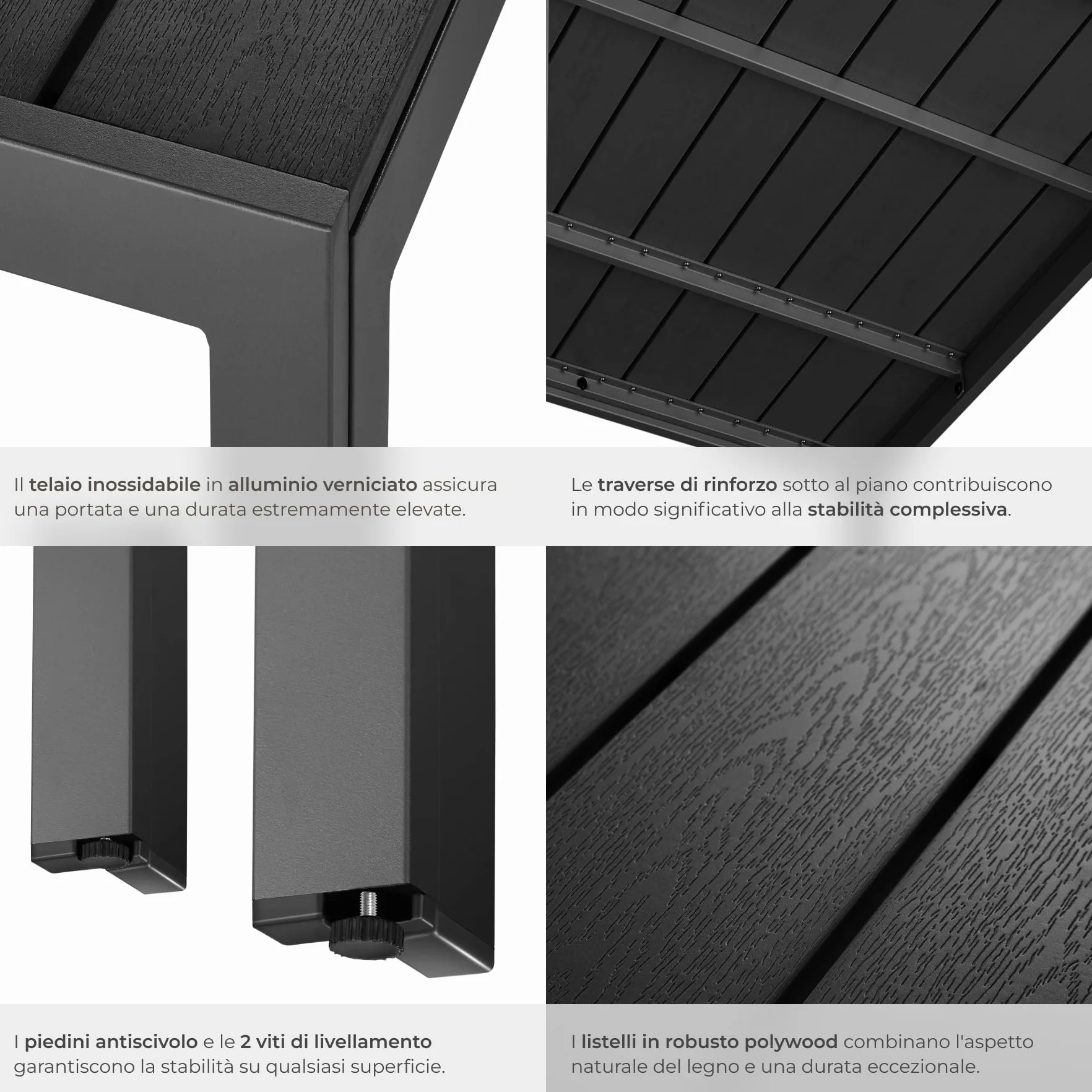tectake®, Tavolo da Giardino in Alluminio, Tavolo da Esterno, Tavolino da Balcone, Effetto Legno, Regolabile, Resistente Intemperie, Ideale come Arredamento per Terrazzo, 90x90x74,5cm - nero
