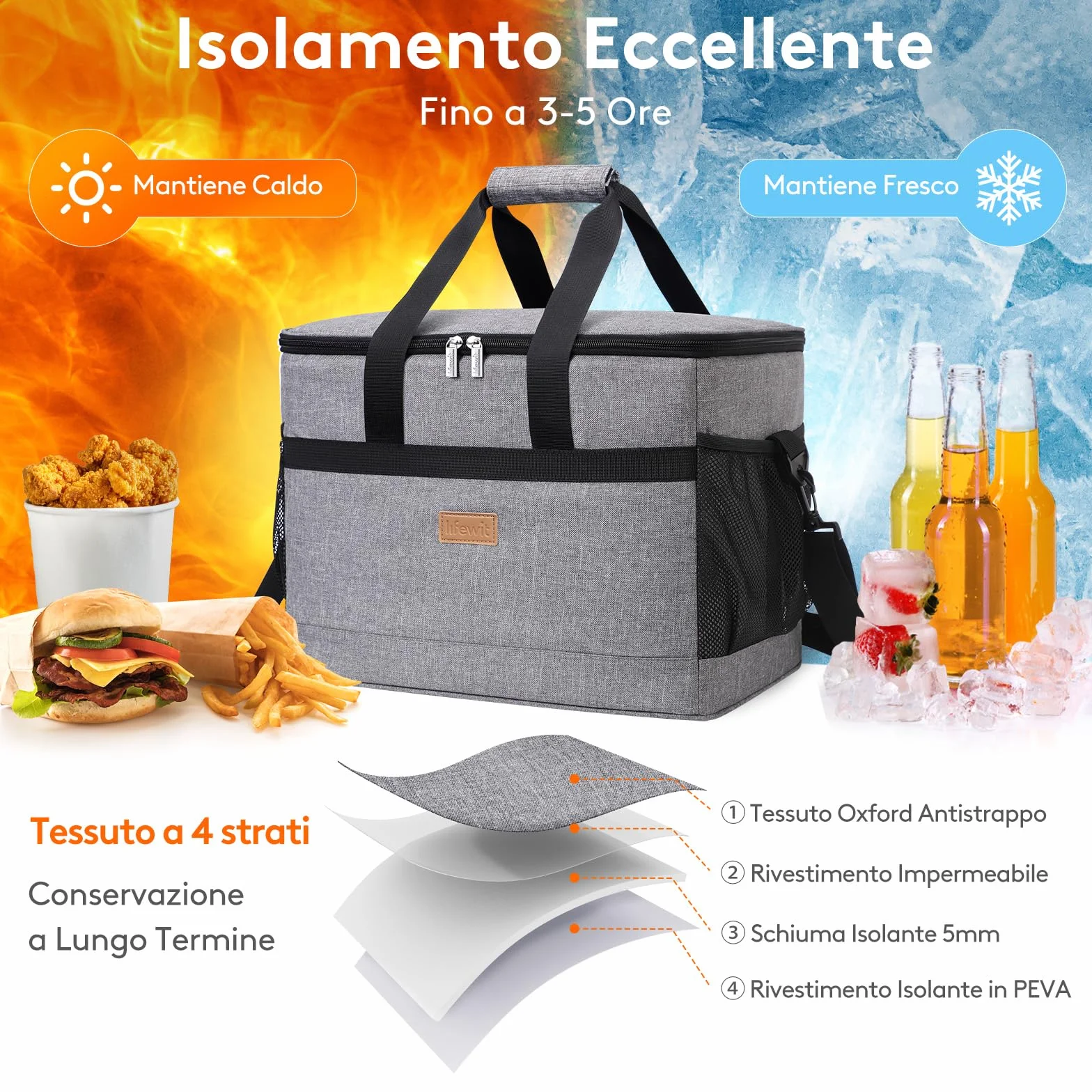 Lifewit Borsa Frigo 30L, Borse Termica Morbida per Surgelati, Cooler Bag Grigio