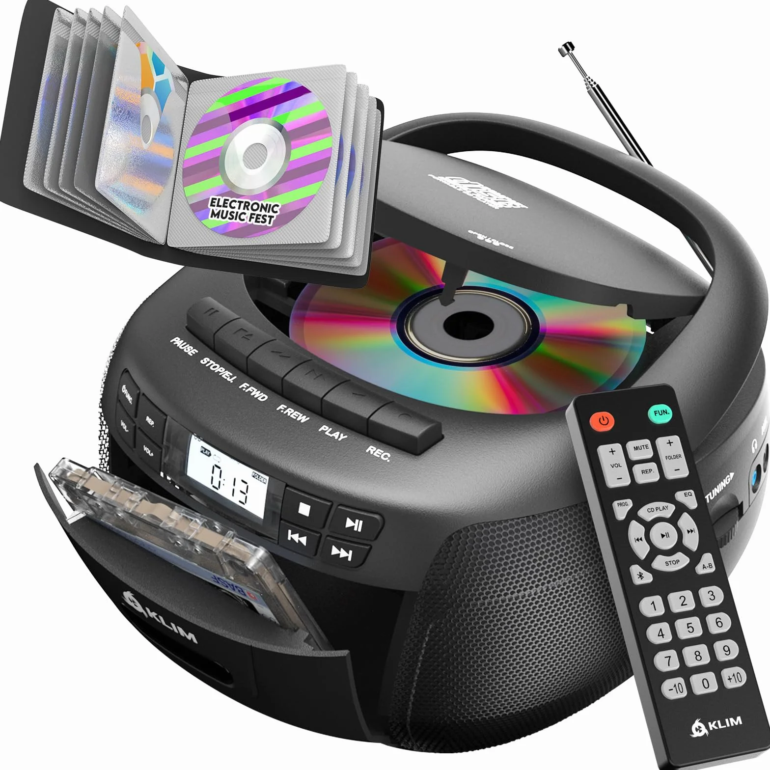 KLIM Lettore CD Custodia Stereo Cassette AM/FM Radio Bluetooth USB AUX AC/DC