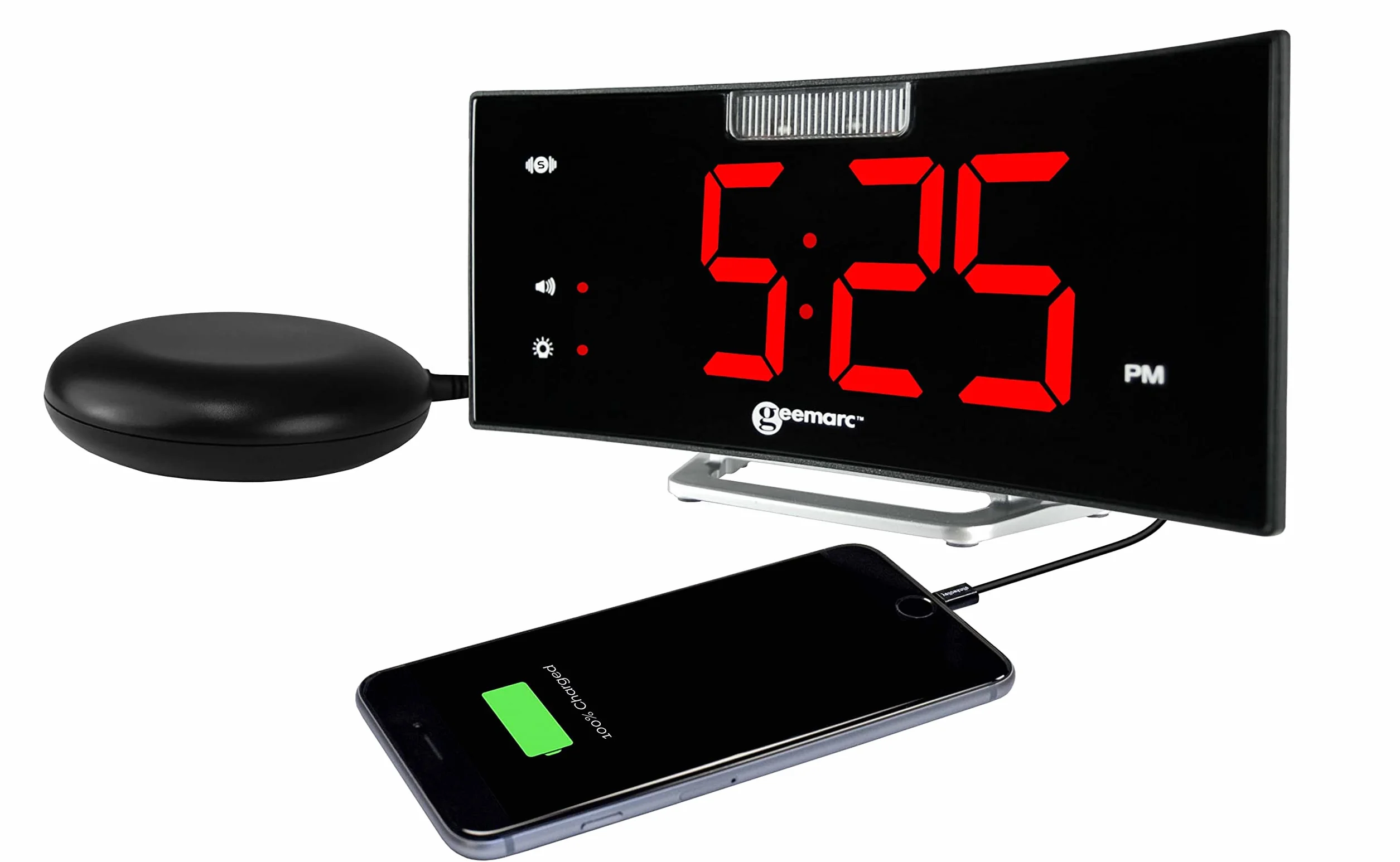 Geemarc Wake 'N' Shake Curve Sveglia con Squillo Forte 95dB Cuscino Vibrante Schermo Luminoso