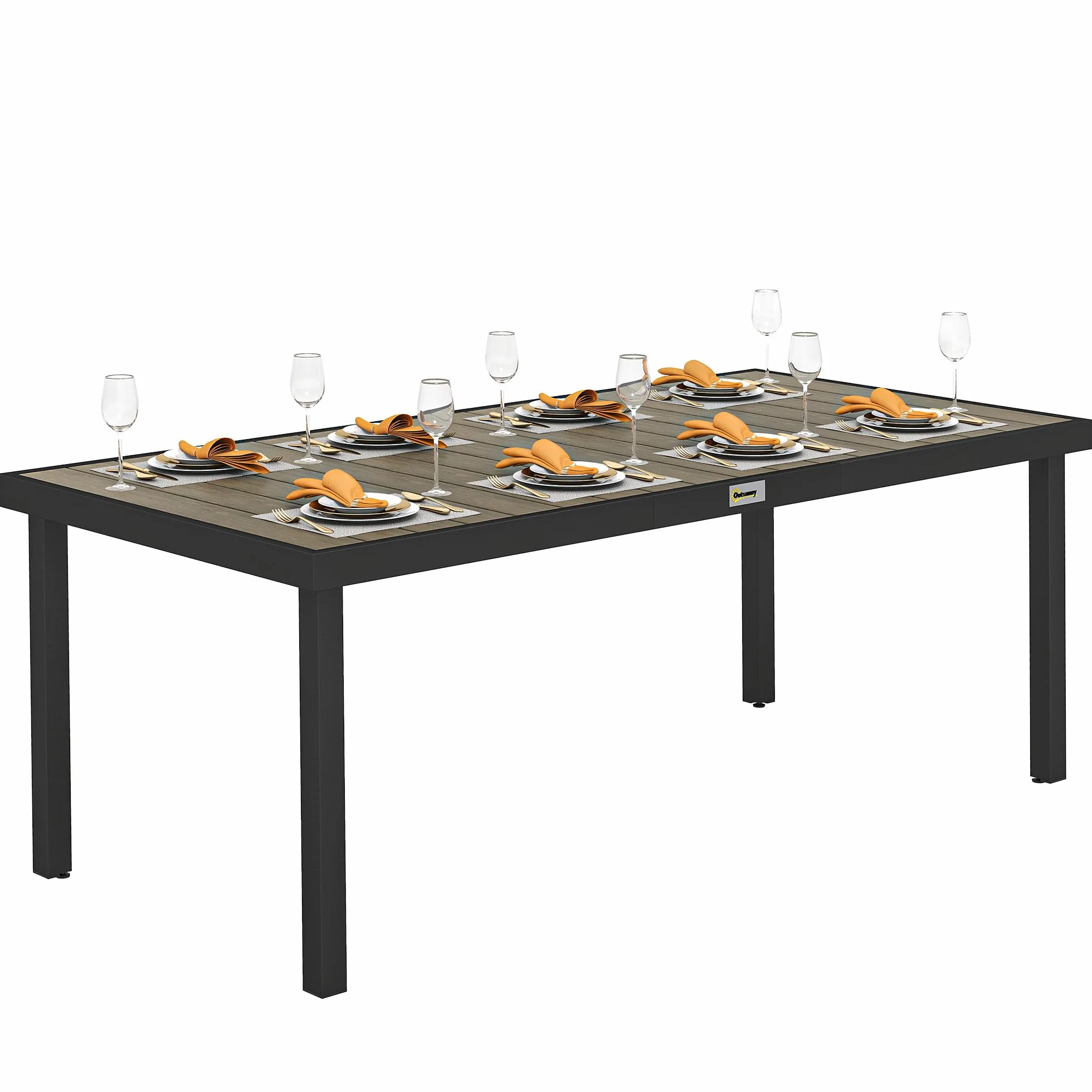 Outsunny Tavolo da Giardino con Piano Effetto Legno 190x90 cm per 8 Persone, Tavola da Pranzo da Esterno Rettangolare in Alluminio e Plastica, Per Patio, Terrazzo, Balcone, Effetto Legno Marrone