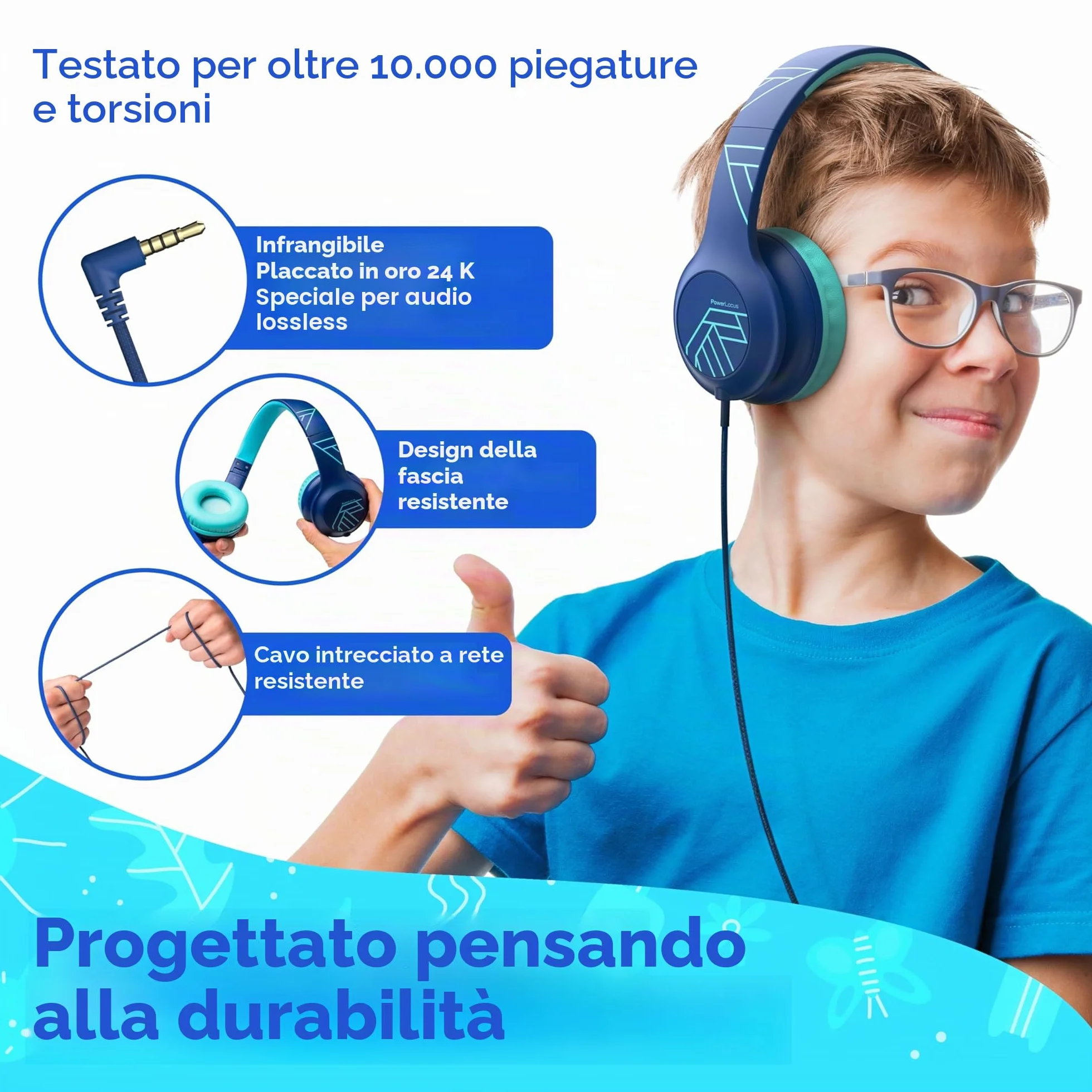 PowerLocus Cuffie per Bambini con Filo, Pieghevoli, Limitazione Volume 85/94dB, 3.5mm Jack, Microfono, Hi-Fi Stereo per Telefono/Viaggio/PC (Blu)