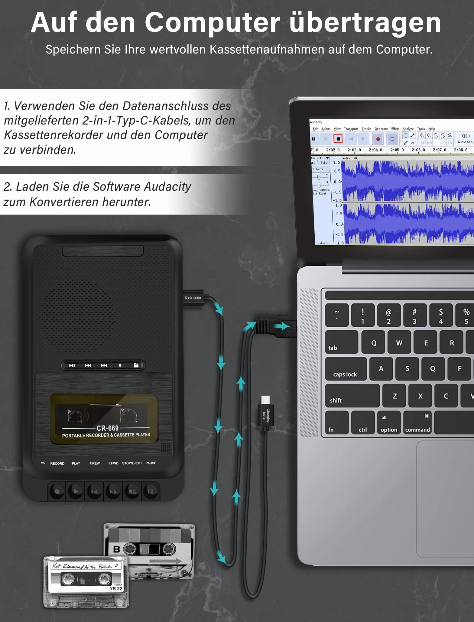 Lettore a cassette portatile con registrazione USB/SD e MP3, nero