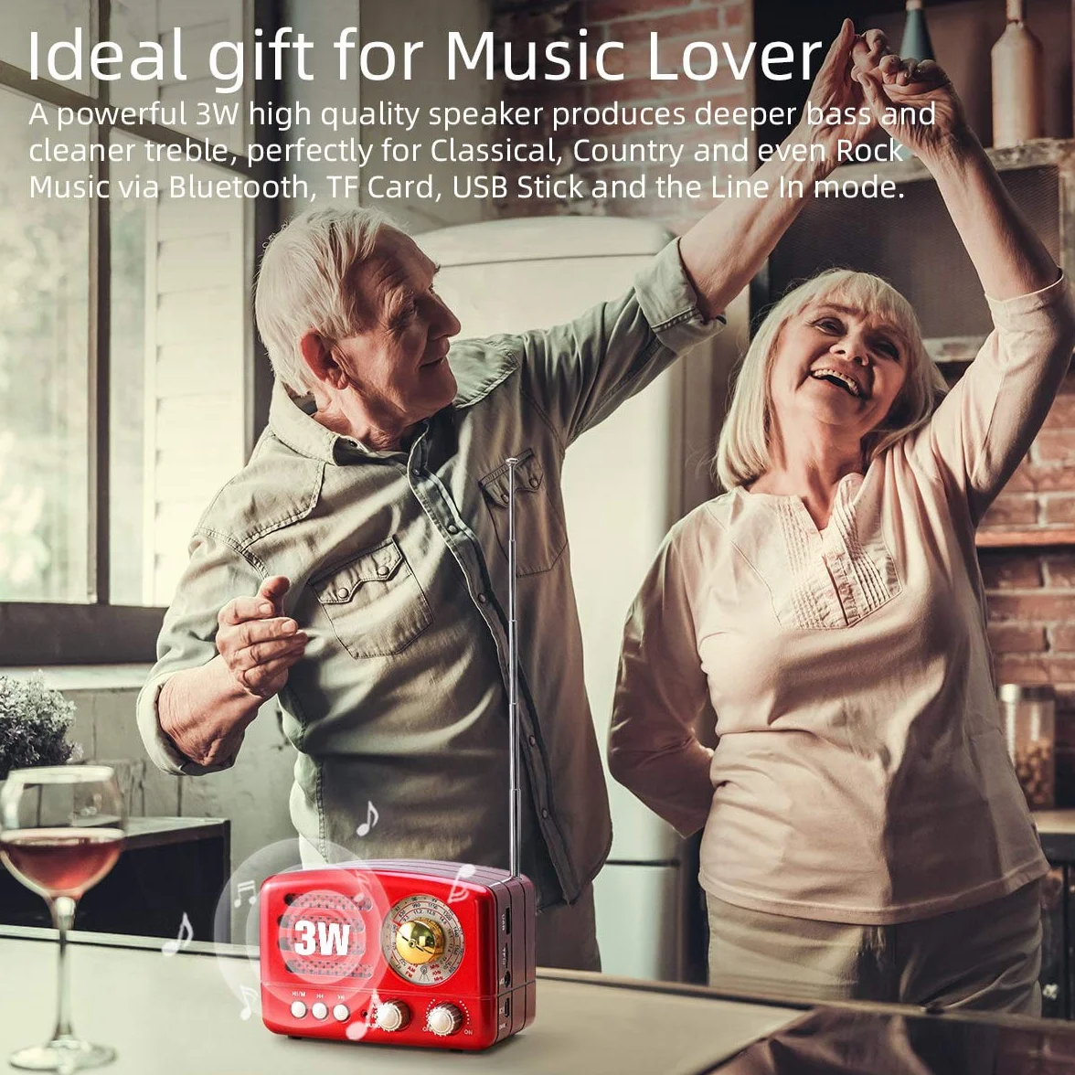 PRUNUS J-160 Radio Portatile Vintage FM/AM/SW, Altoparlante Bluetooth Retro, Batteria Ricaricabile 1800 mAh (Rosso)