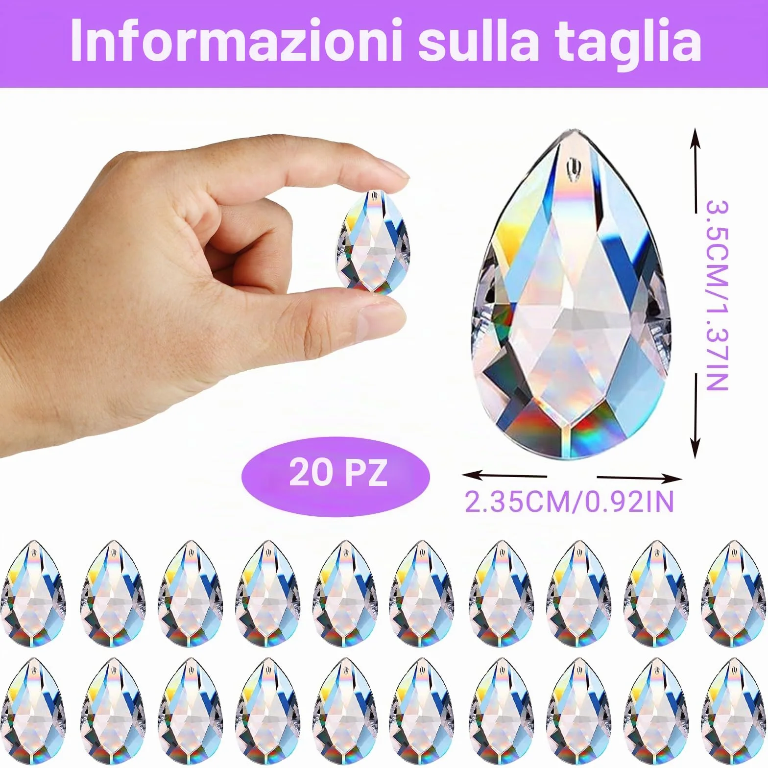 Set di 20 cristalli a forma di diamante da appendere - Acchiappasole in cristallo, prisma, acchiappasole e sfera come acchiappa-luce per finestre, lampadari e decorazione