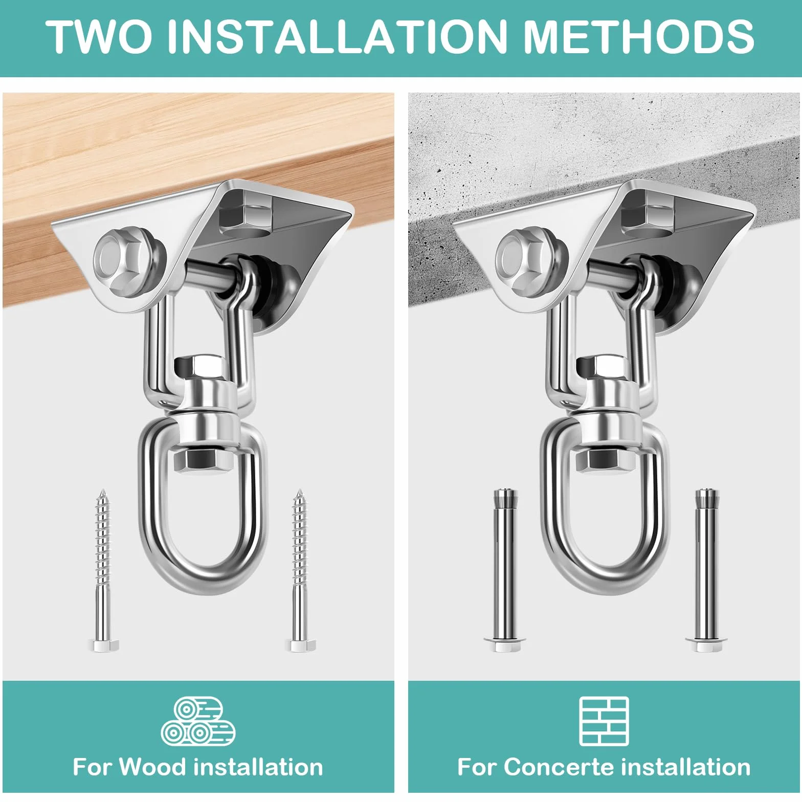2 Pezzi Gancio Soffitto in Acciaio Inossidabile 450 kg capacità Portante 360° Rotazione, Ganci Altalena Cuscinetto con Fissaggio a Vite per Sacco da Boxe, Sedia Sospesa, Altalena, Amaca, Yoga