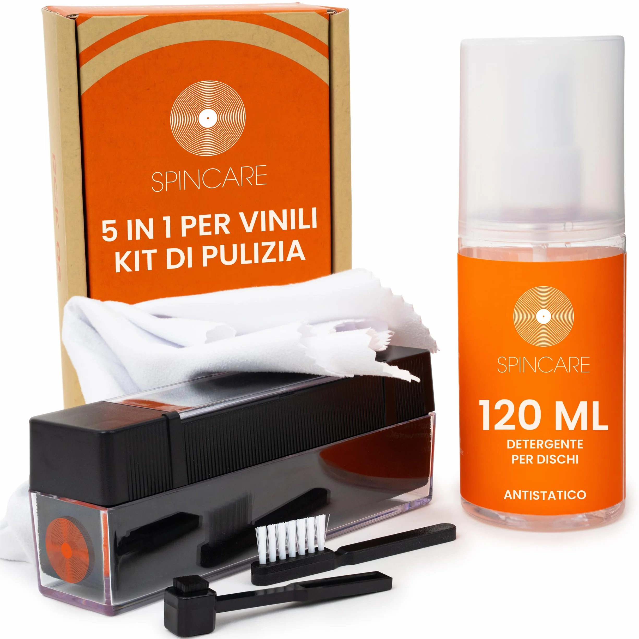 SPINCARE Kit Pulizia Vinili 5 in 1 con Spazzola in Velluto, Spray Antistatico 120 ml e Panno in Microfibra