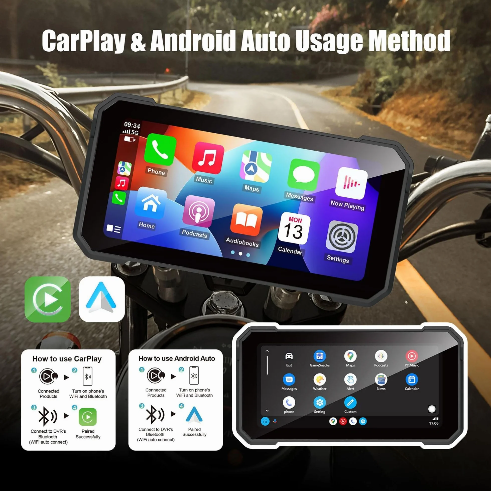 Navigatore GPS Moto 6,2 Pollici Doppia Fotocamera CarPlay Wireless Android Auto Impermeabile IPX6 TPMS BT5.0