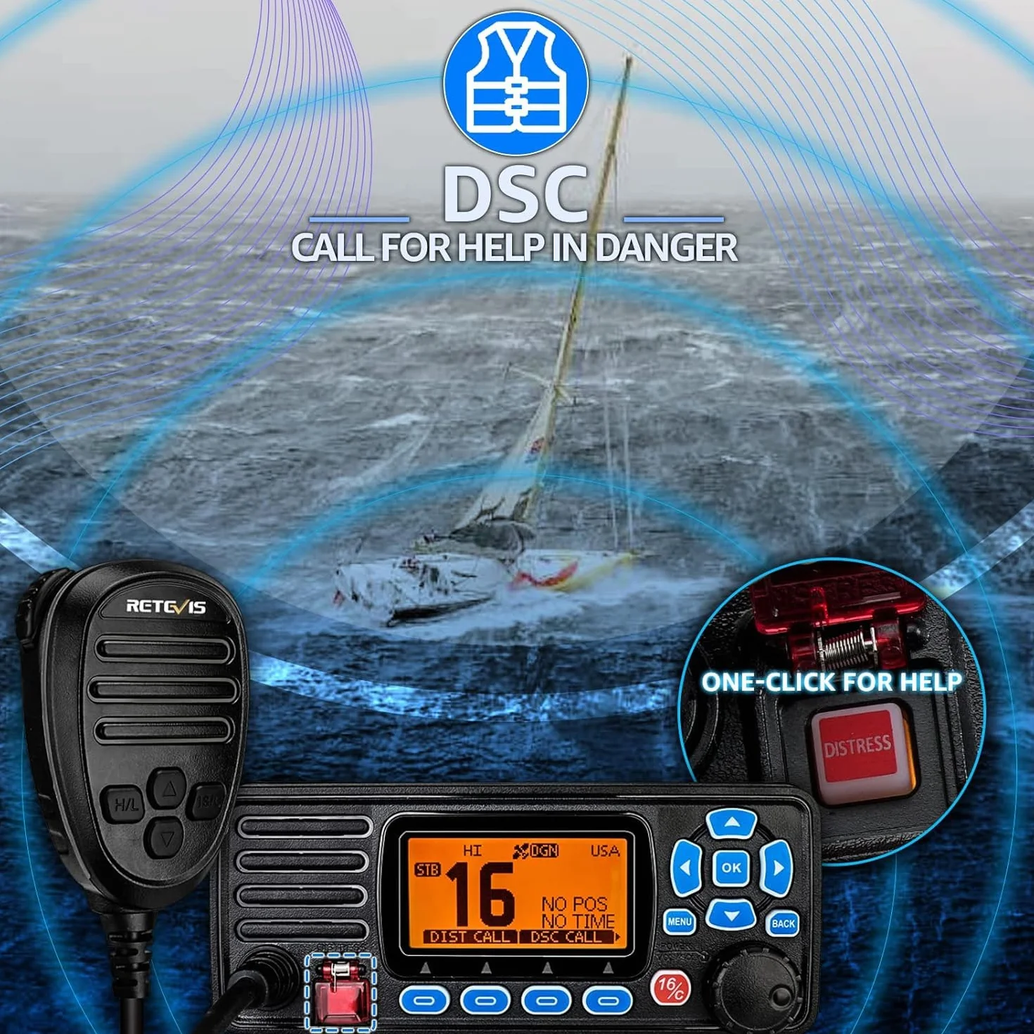 Retevis RA27 Ricetrasmettitore VHF Marino Portatile Impermeabile IP67 DSC GPS 88 Canali