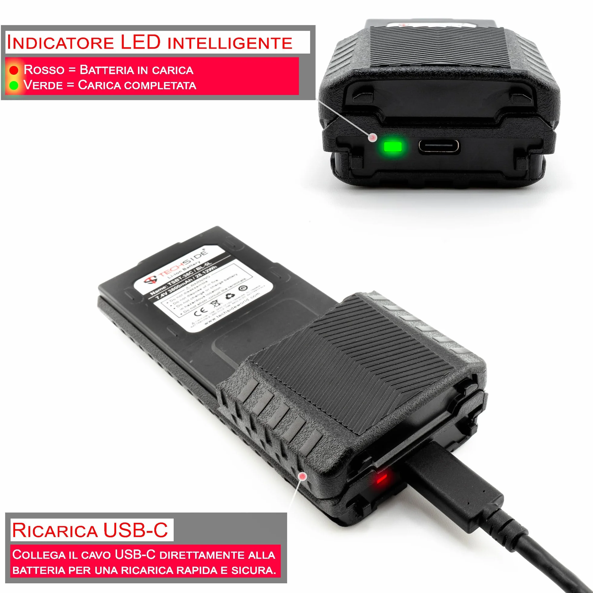 TechSide TSBT-38C Batteria maggiorata 3800mAh ricaricabile USB C compatibile con TI-F8+ TS-T9+ UV-5R