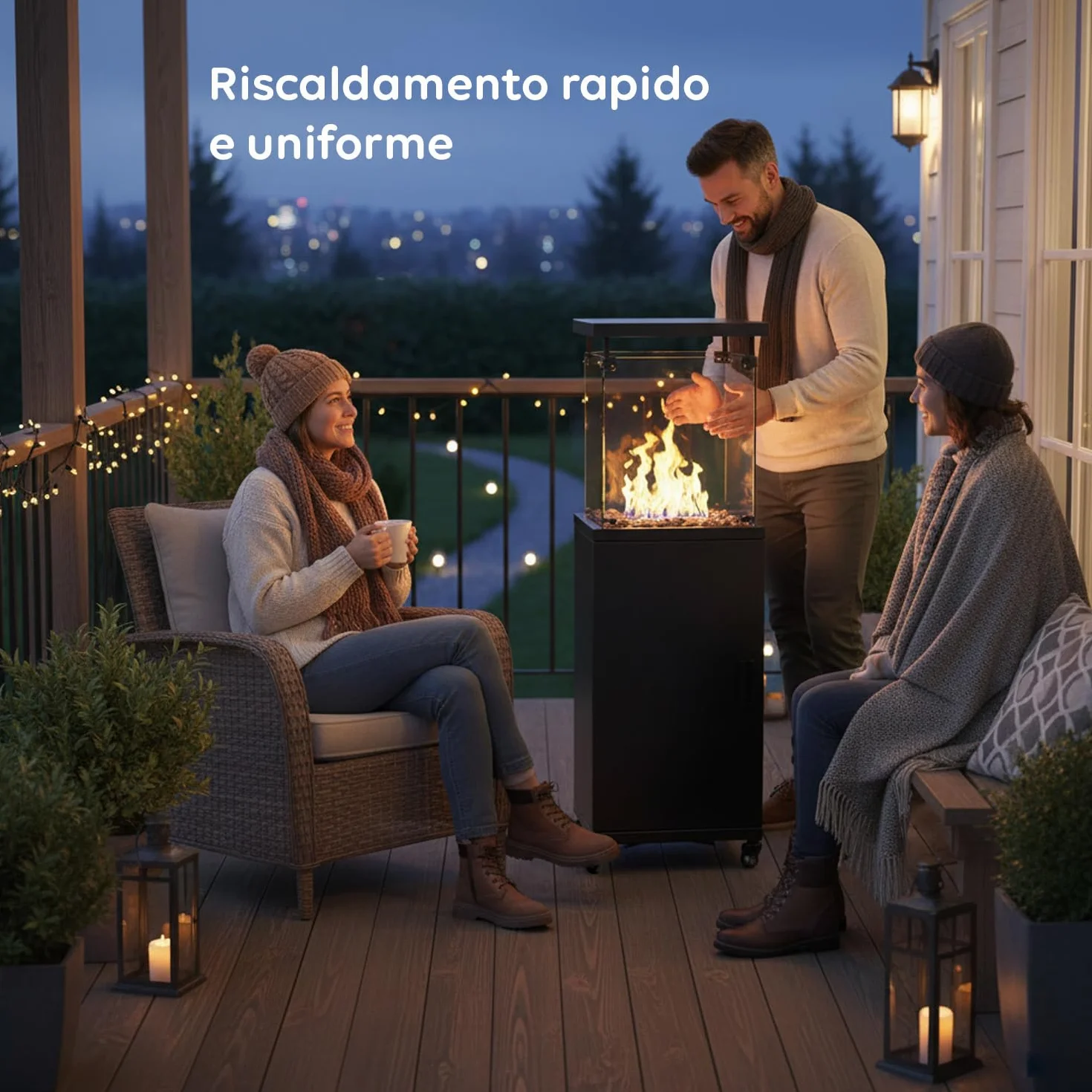 Wintem Caminetto a Gas da Esterno Nero 12 kW 15 m² Accensione Piezoelettrica Roccia Lavica Ruote