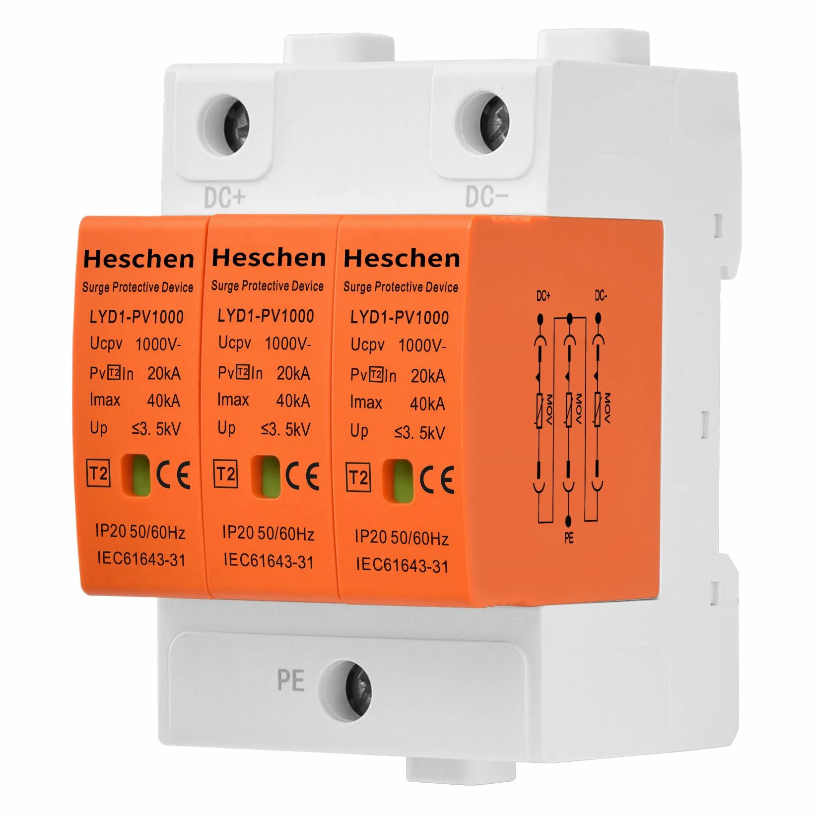 Heschen LYD1-PV1000 Dispositivo di protezione contro le sovratensioni PV 3P 1000VDC 20KA guida DIN 35mm