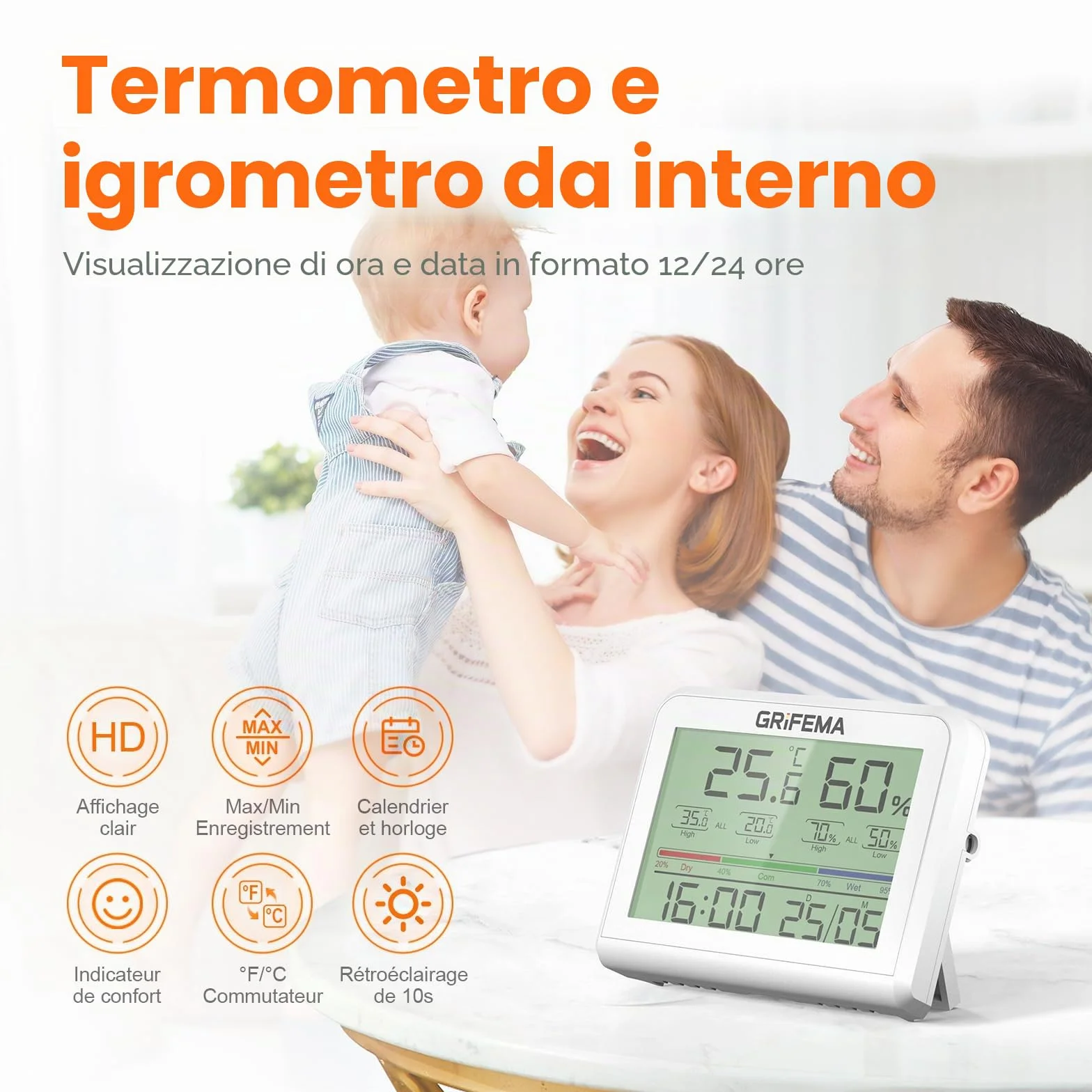 GRIFEMA GA2901 Termometro Igrometro Digitale con Retroilluminazione, Registrazione Max/Min, Bianco