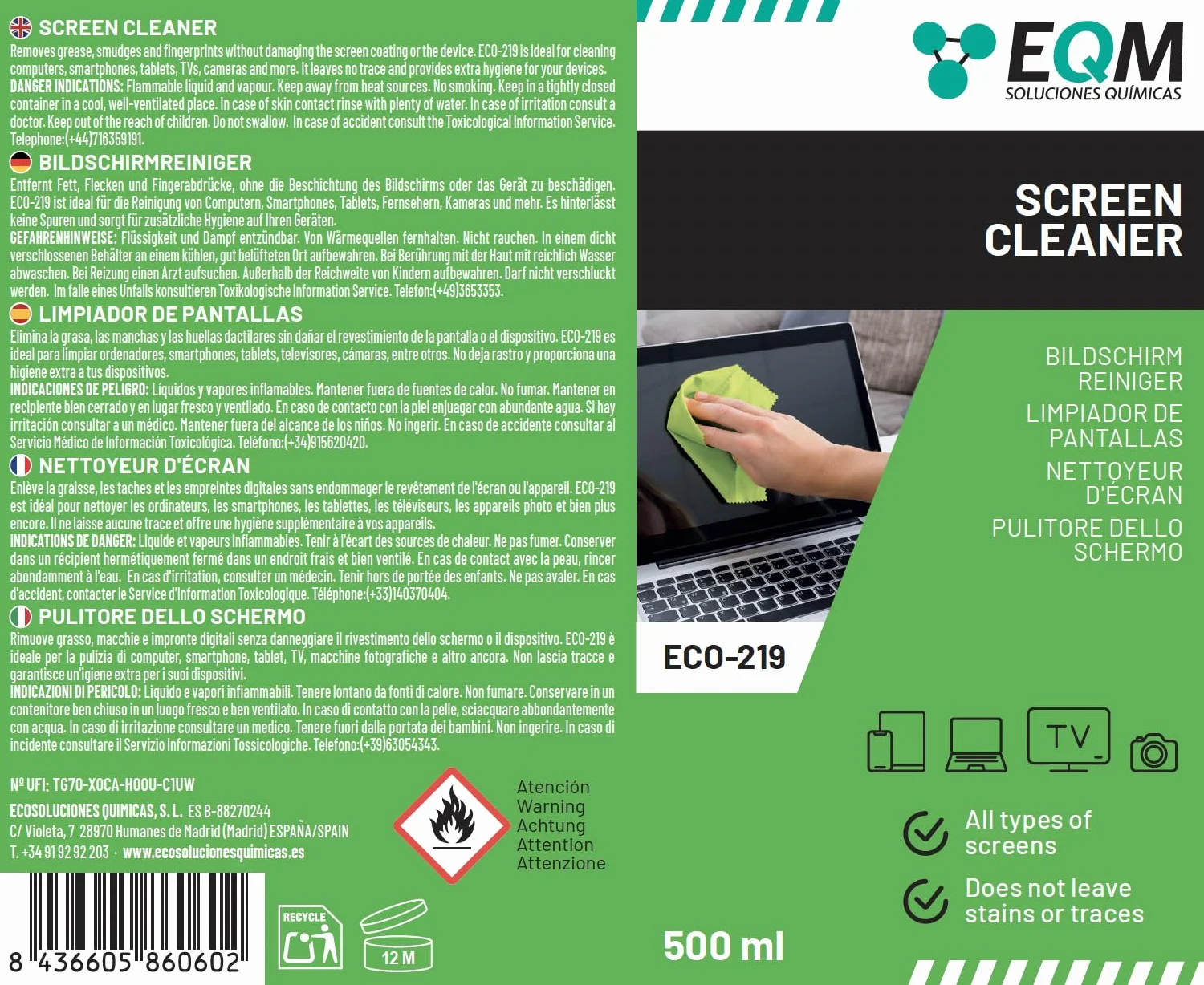 Pulizia dello Schermo 500 ML EQM ECO-219 Panno in Microfibra per Display Tablet Cellulare Laptop