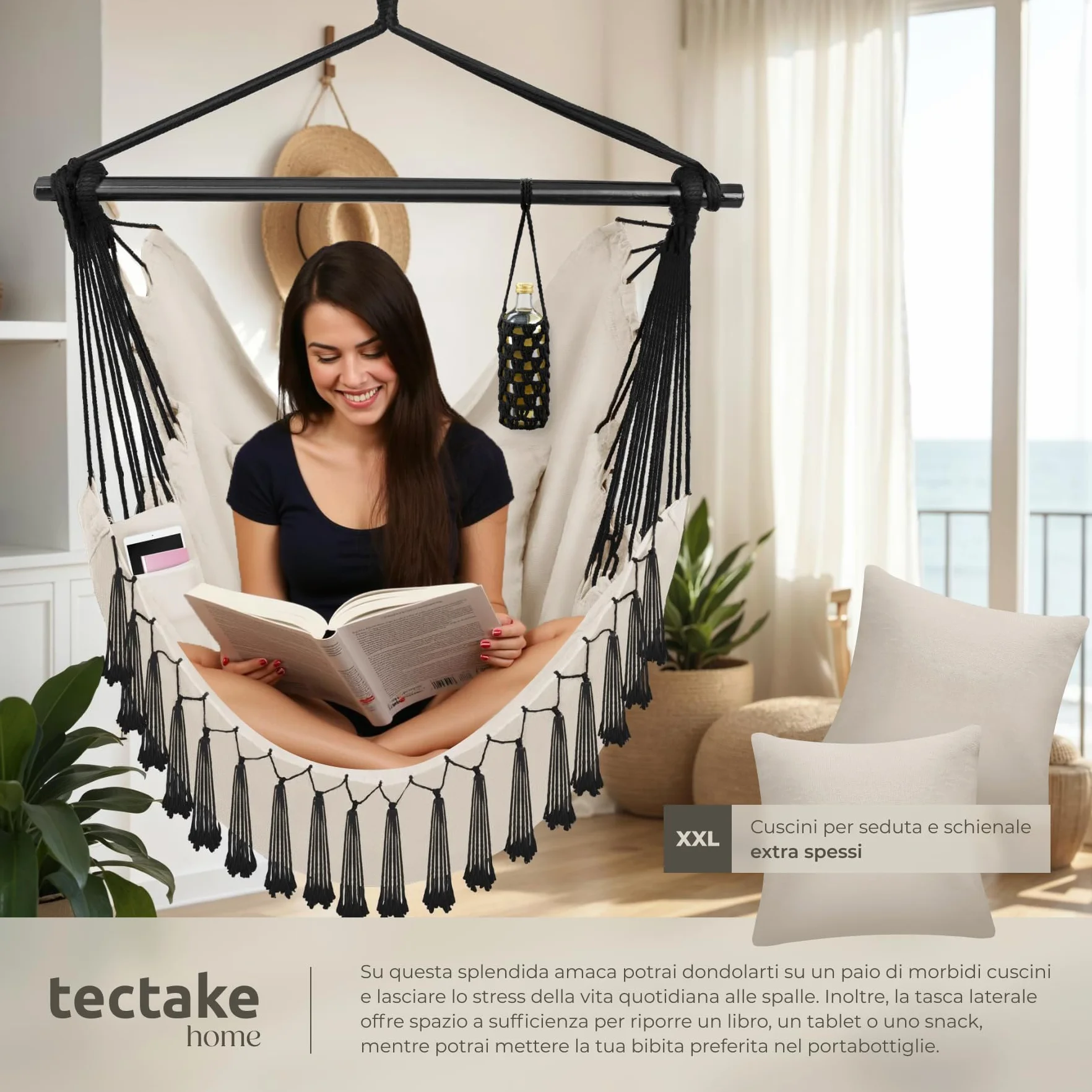 tectake® Poltrona Sospesa Malika, Stile Bohemien, Tessuto Misto Cotone-Poliestere Traspirante, Cuscini Extra Spessi, Scomparto per Libri, Appoggio per Bibite Regolabile, Carico Massimo 150kg - Beige