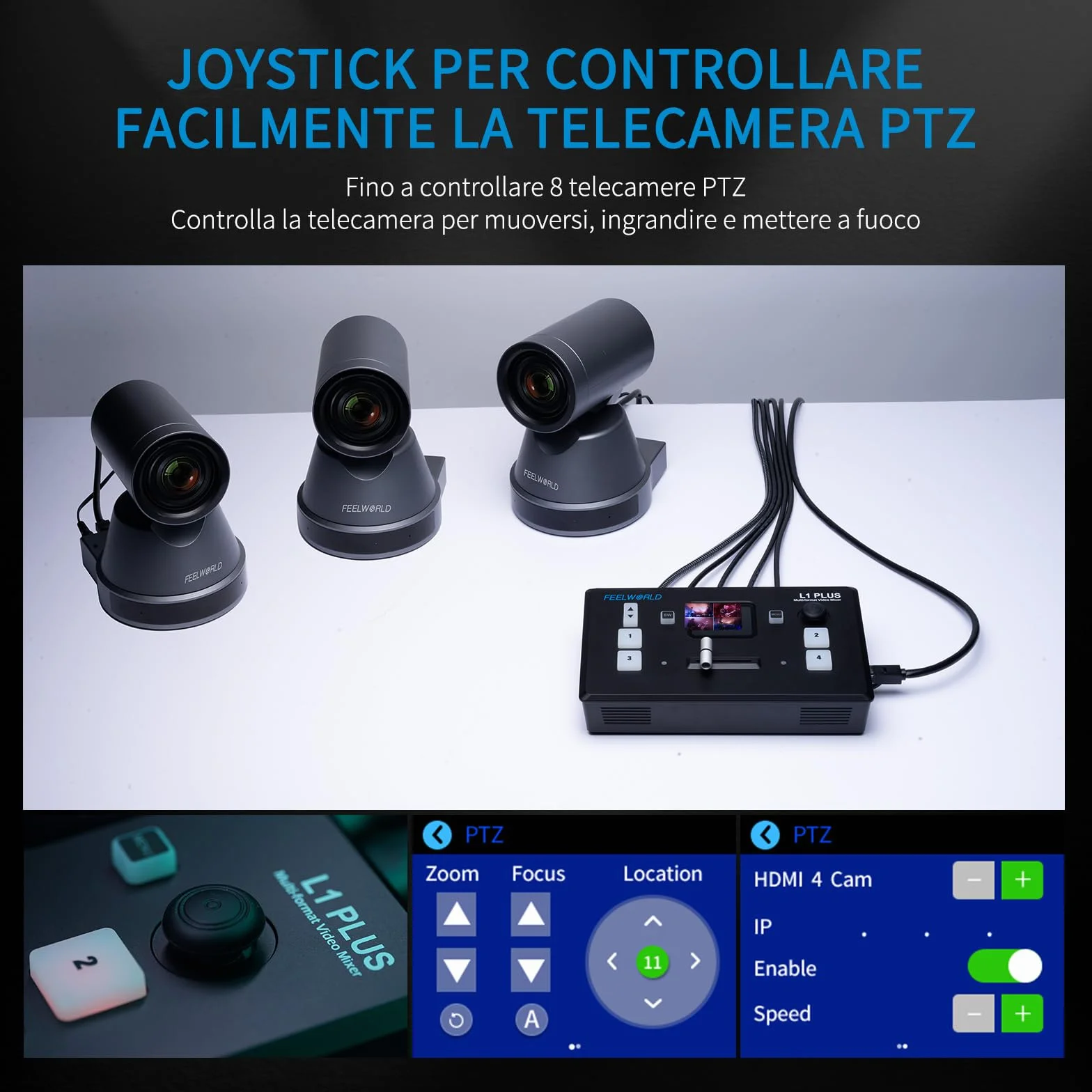 Feelworld L1PLUS Multi Camera Video Mixer Switcher with PTZ Controller HDMI USB3.0 2" Touch Screen
