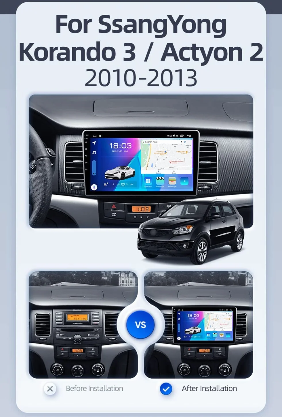 SsangYong Korando 3 Actyon 2 2010-2013 Android 12 Autoradio GPS Navigazione 9 pollici Touchscreen Bluetooth WiFi