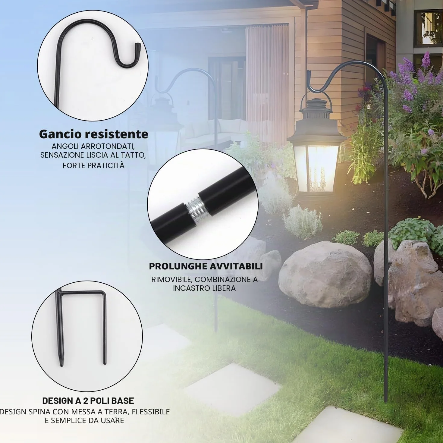Ganci da pastore 90cm Metallo Palo da Giardino con Gancio per appendere capanno vaso alimentatore uccello Lanterna