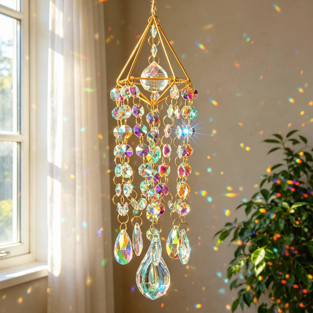 HDCRYSTALGIFTS Acchiappasole in cristallo, da appendere, stile giardino, arcobaleno, realizzato a mano, placcato oro