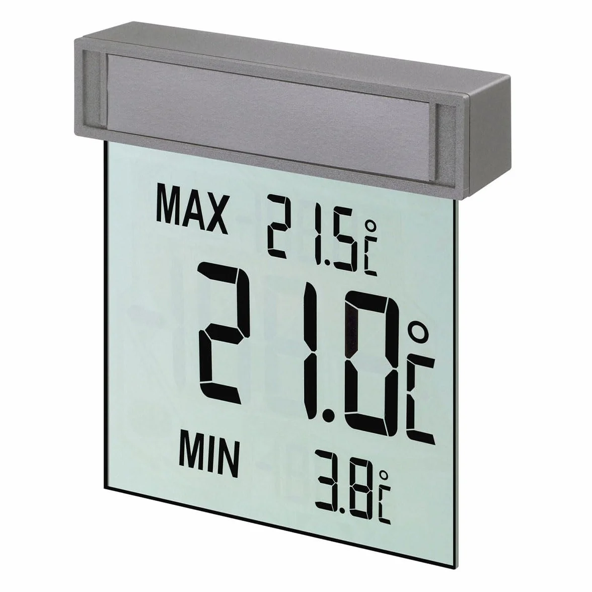 TFA Dostmann Termometro digitale a finestra, VISION, 30.1025, ampio display con temperatura esterna, con valori massimi e minimi, resistente alle intemperie, facilmente rimovibile, argento