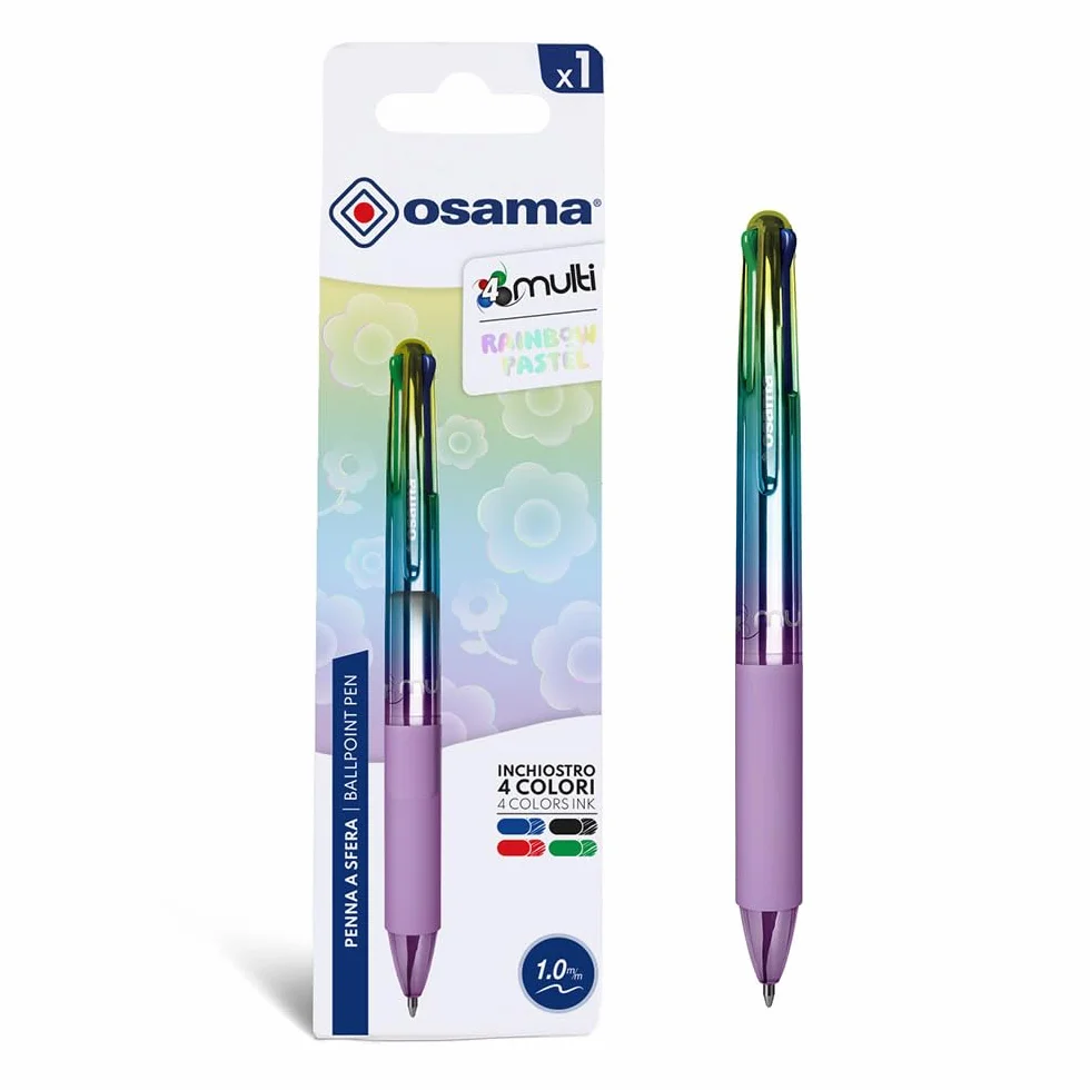 OSAMA 4 Multi Rainbow Pastel Penna Multicolore a Sfera 1.0 mm, Penne Colorate 4 Colori Arcobaleno Inchiostro Nero Blu Rosso Verde