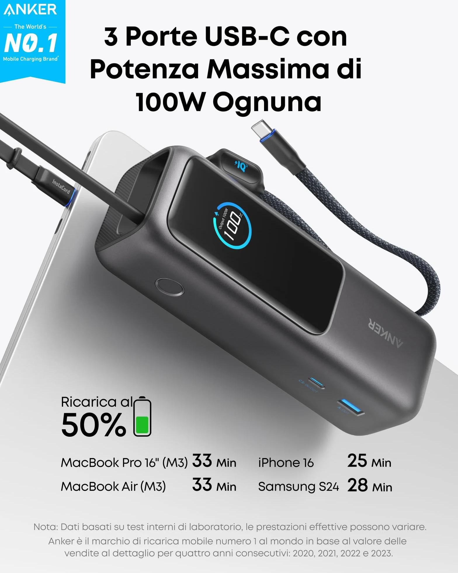 Anker Laptop Power Bank 25000mAh 165W USB C Caricatore Portatile con Cavi Integrati per iPhone 17 Pro Max MacBook Samsung