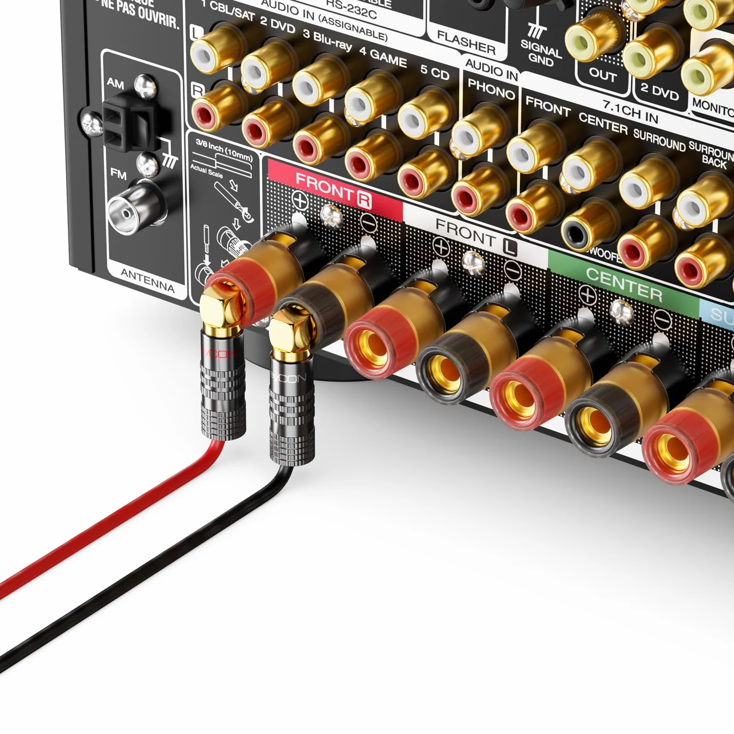 deleyCON 4 Pezzi Spine a Banana Set 90° Angolato Placcato Oro Avvitabile per Cavo Altoparlanti 0,75-4,5 mm HiFi Home Theater