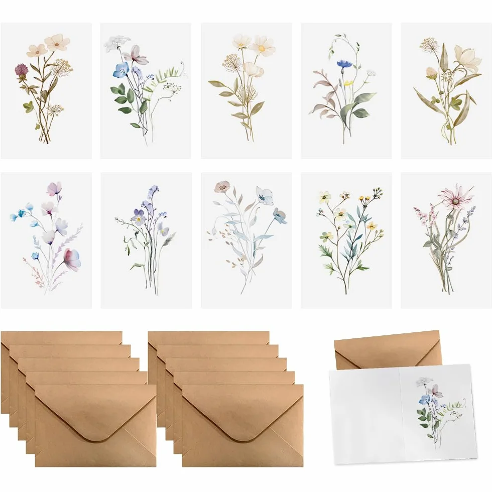 Set di 10 Biglietti Auguri Fiori con Buste, Floreale, Compleanno, Pieghevoli Vuoti, Cartolina, Birthday Card, Matrimonio Elegante per Feste