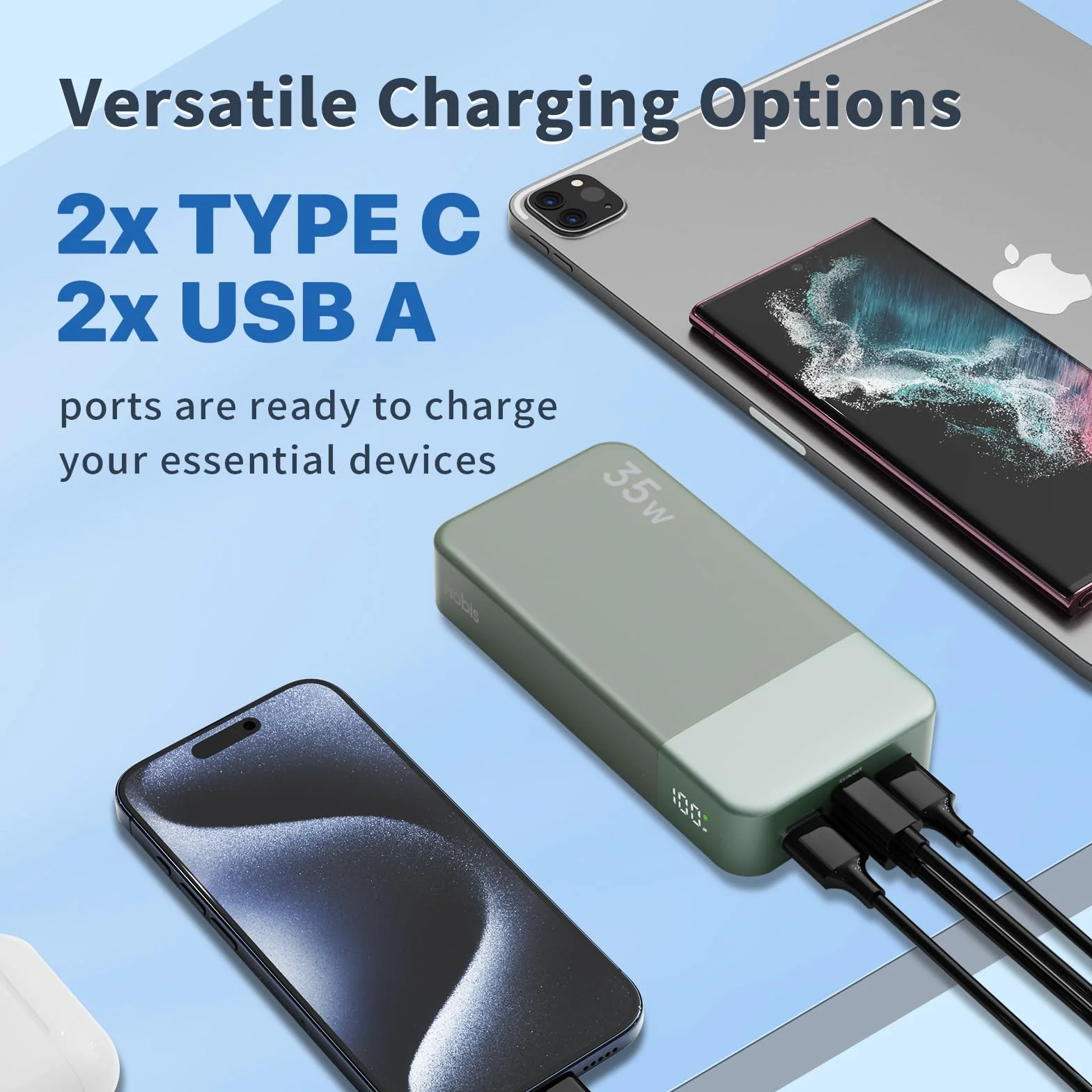 NOBIS Power Bank 20000mAh 35W Ricarica Rapida USB C PD QC Display LED