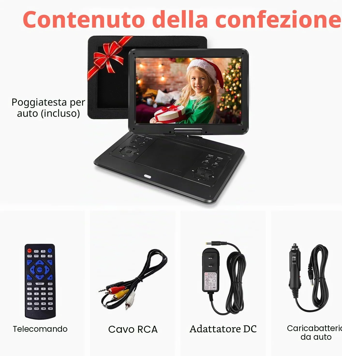 Lettore DVD portatile 17,9 pollici schermo girevole 14,1" batteria 6 ore supporto poggiatesta auto nero