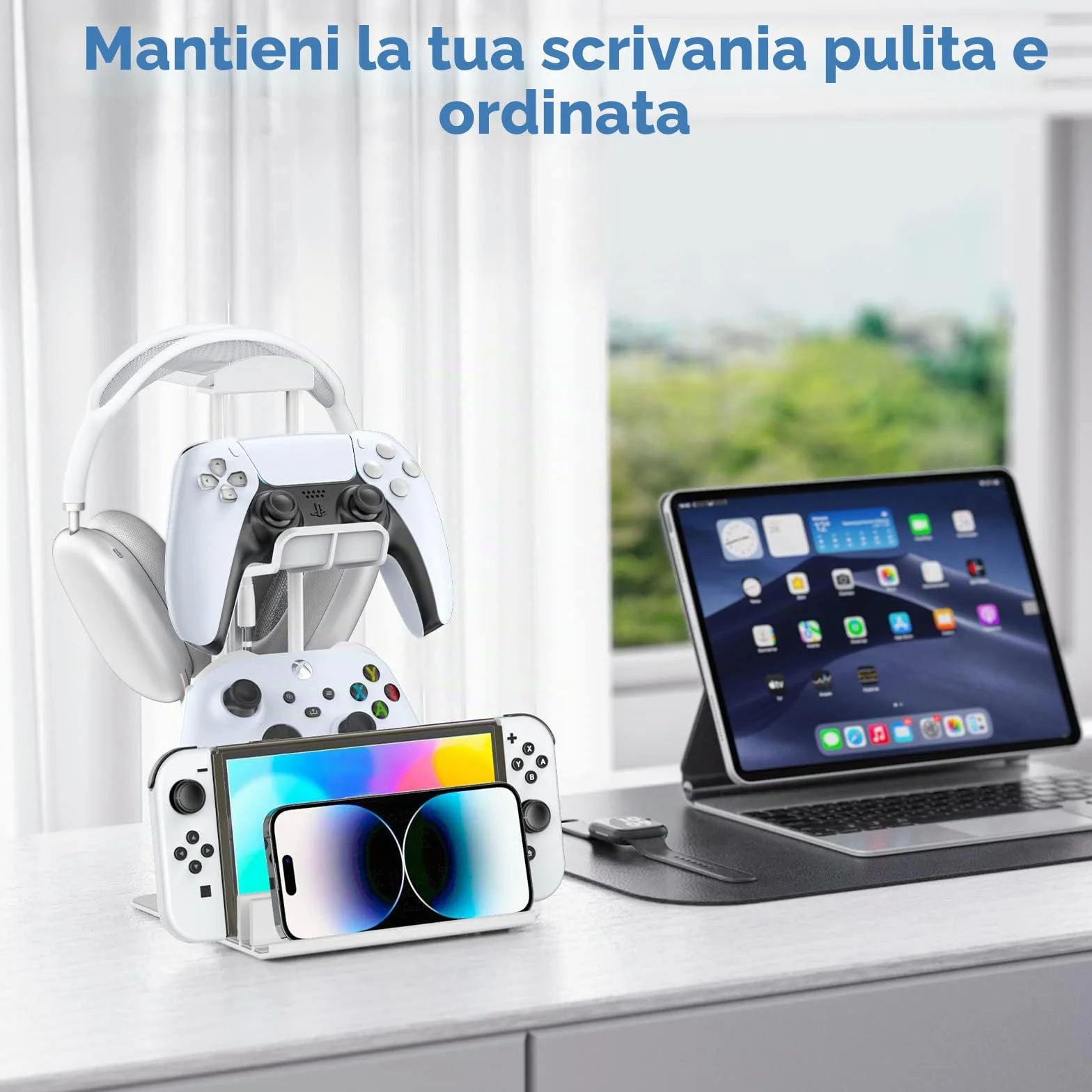 KDD Porta Cuffie Gaming da Scrivania in Alluminio, Stand Supporto Universale per Controller/Switch/iPad/Telefono, Bianco