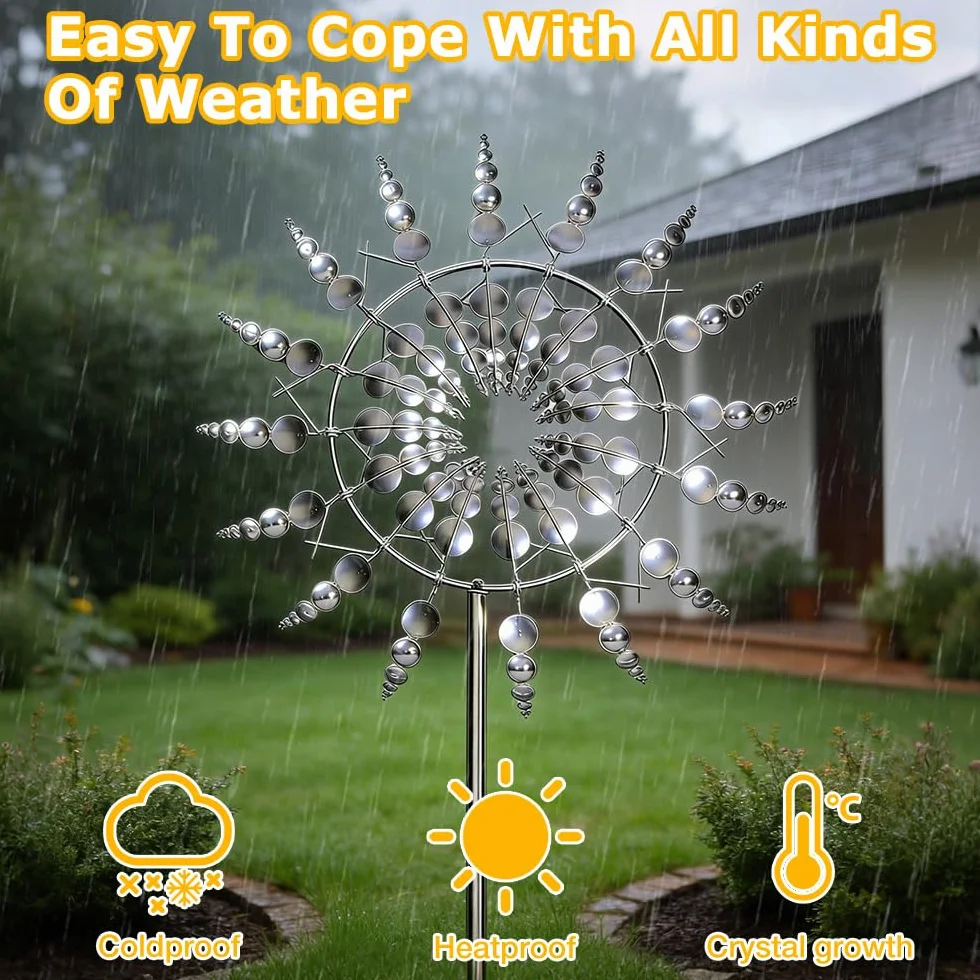 Girandola Cinetica, HOVCEH Upgraded Rust-Proof Mulino a Vento Cinetico, 3D 360° Doppio Rotors Kinetic Girandola a Vento in Metallo per Patio Prato e Giardino (Argento)