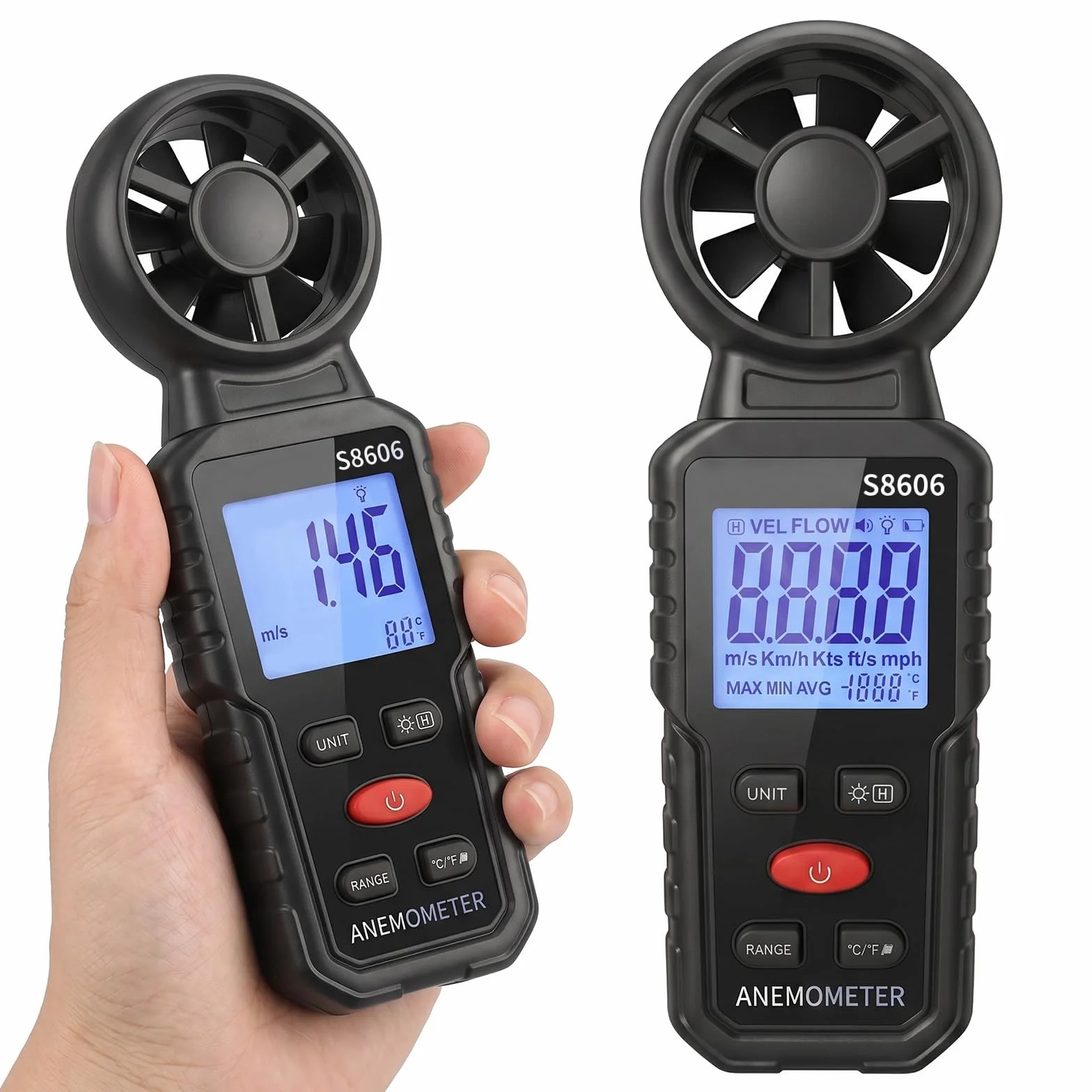3 in 1 Anemometro Digitale Portatile con Display LCD, Misuratore di Velocità del Vento 0-45 m/s, Temperatura e Portata d’Aria, Strumento Preciso per Esterni, Navigazione, Droni, Pesca, Caccia