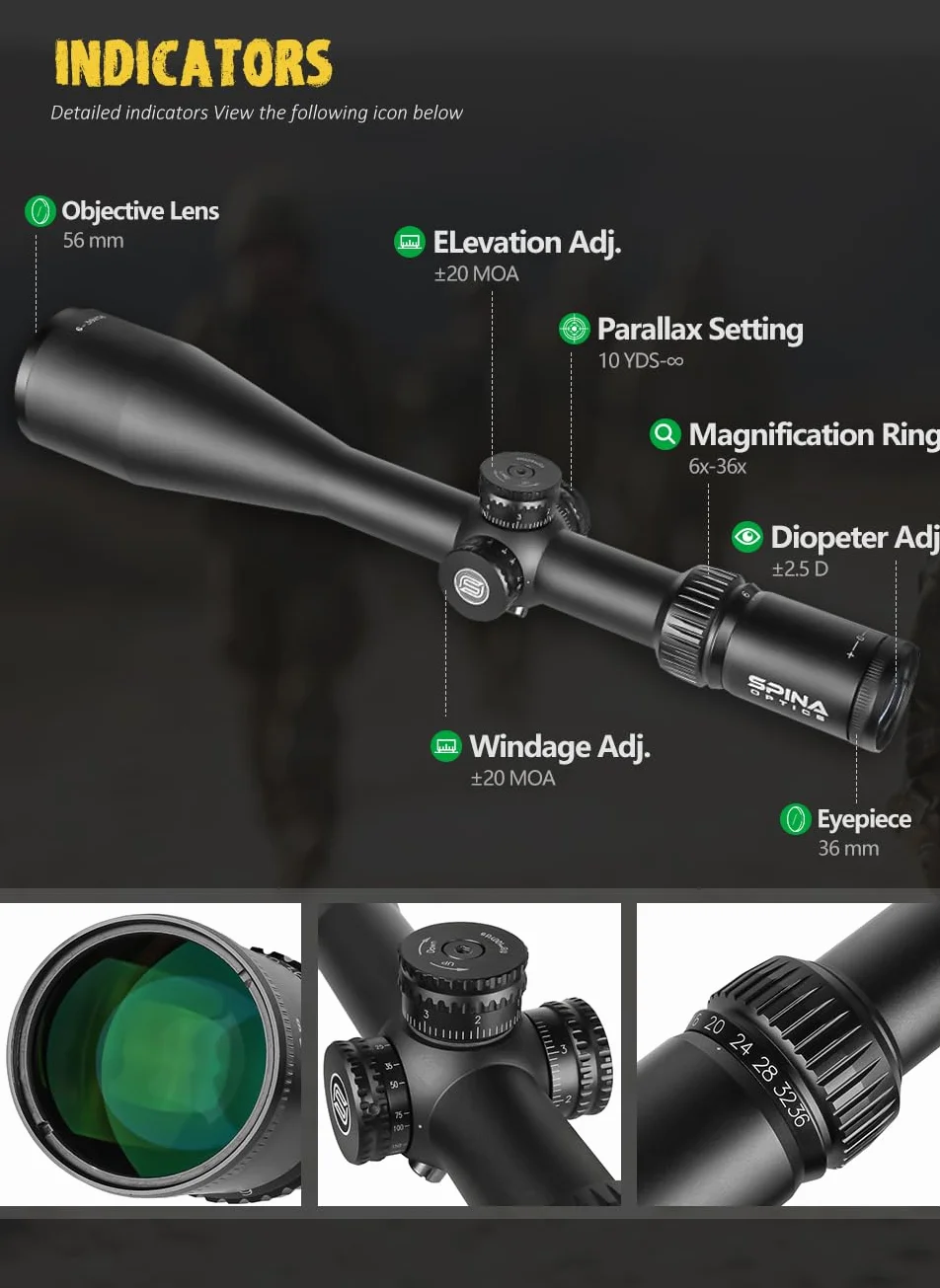 SPINA OPTICS Cannocchiale da caccia 6-36X56 SF Mil Dot reticolo parallasse laterale blocco torretta mirino tattico
