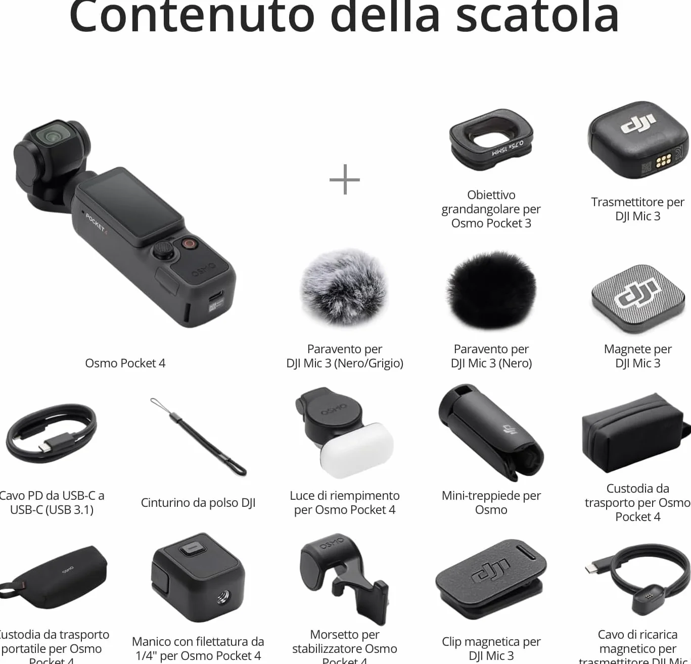 DJI Osmo Pocket 4 Combo Creator fotocamera stabilizzata tascabile 4K/240fps CMOS 1″ stabilizzazione tre assi zoom 2× 107 GB memoria integrata
