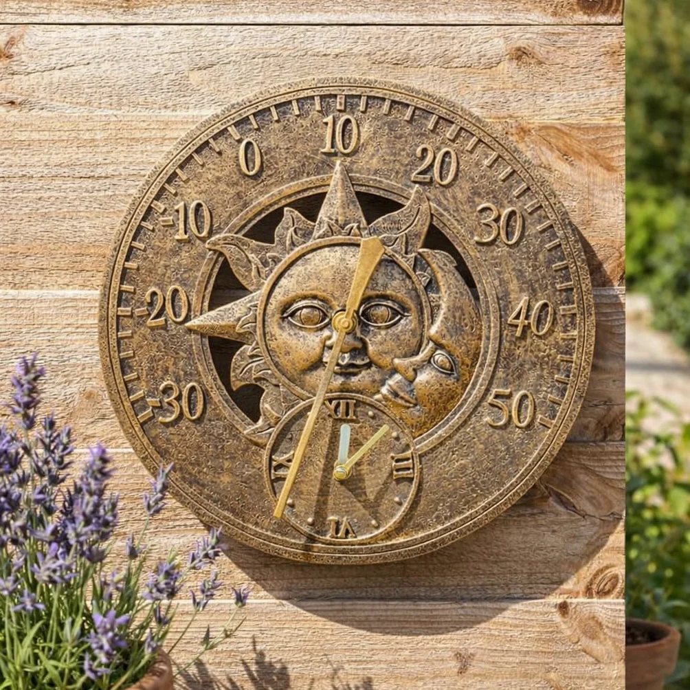 garden mile® Orologio da parete vintage con sole e luna, effetto bronzo, impermeabile e resistente alle intemperie, decorativo per interni ed esterni