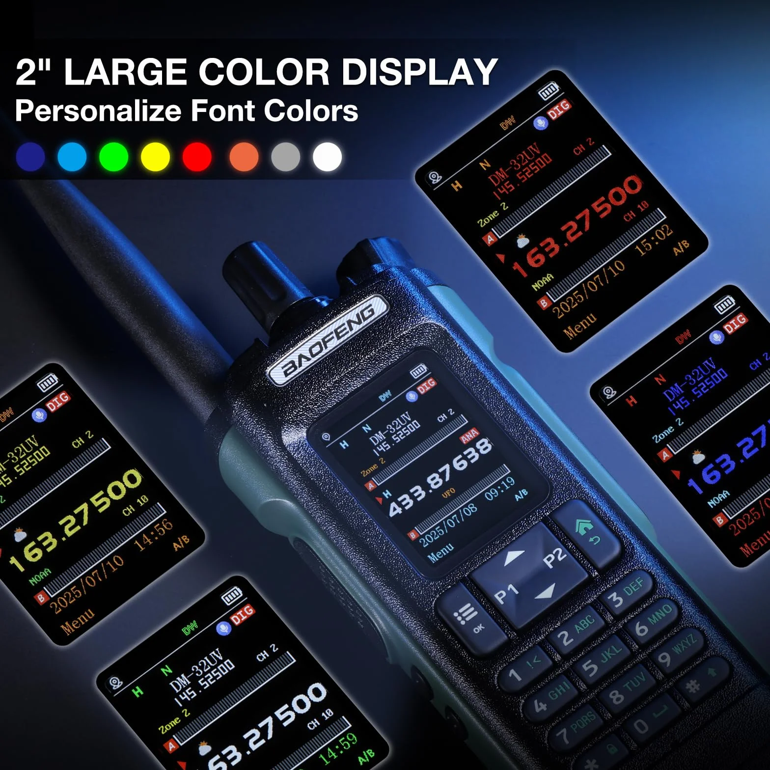 Radio BAOFENG DM-32UV DMR 10W portatile UHF/VHF/AM/FM con GPS e APRS digitale, doppio slot Tier II, display 2", 4000 canali, zielona
