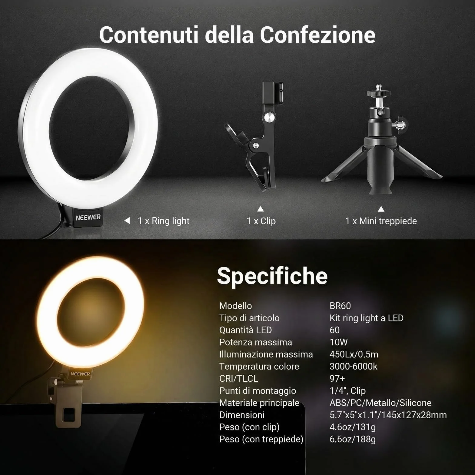NEEWER BASICS BR60 5" Ring Light Clip-on Lamp 10W 3000K-6000K Dimmerable for Laptop Computer Monitor Video Conference