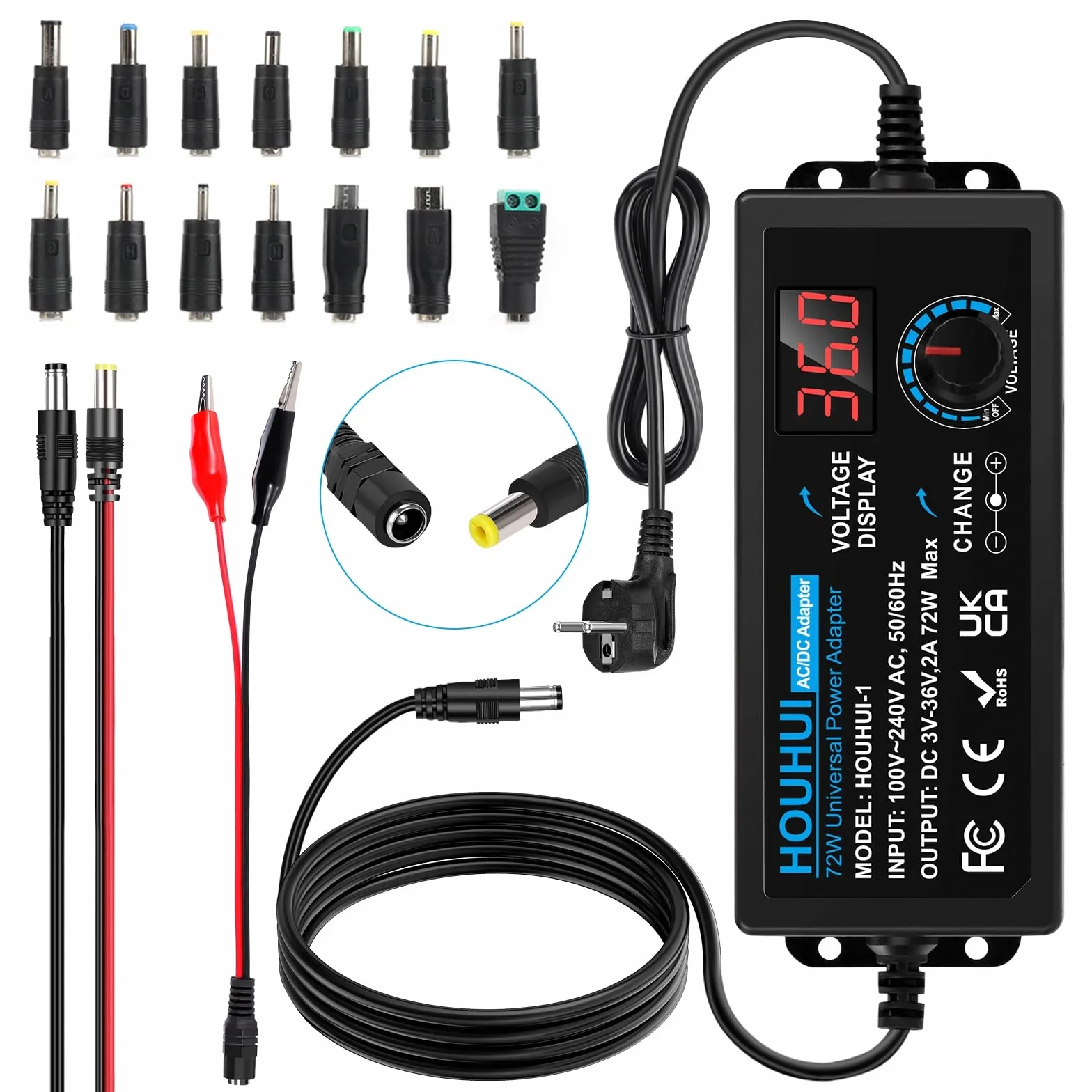Uniwersalny regulowany zasilacz 3V-36V 2A 72W 100V-240V AC DC LED 5,5x2,5mm 16 końcówek