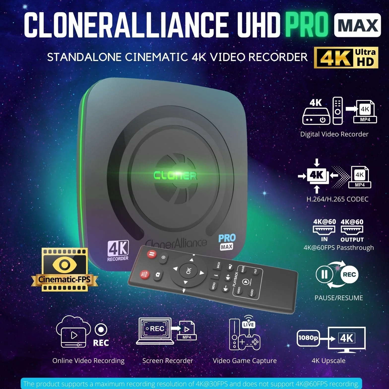 ClonerAlliance Videoregistratore UHD Pro Max 4K@24fps H.265/H.264 HDMI Capture DVR