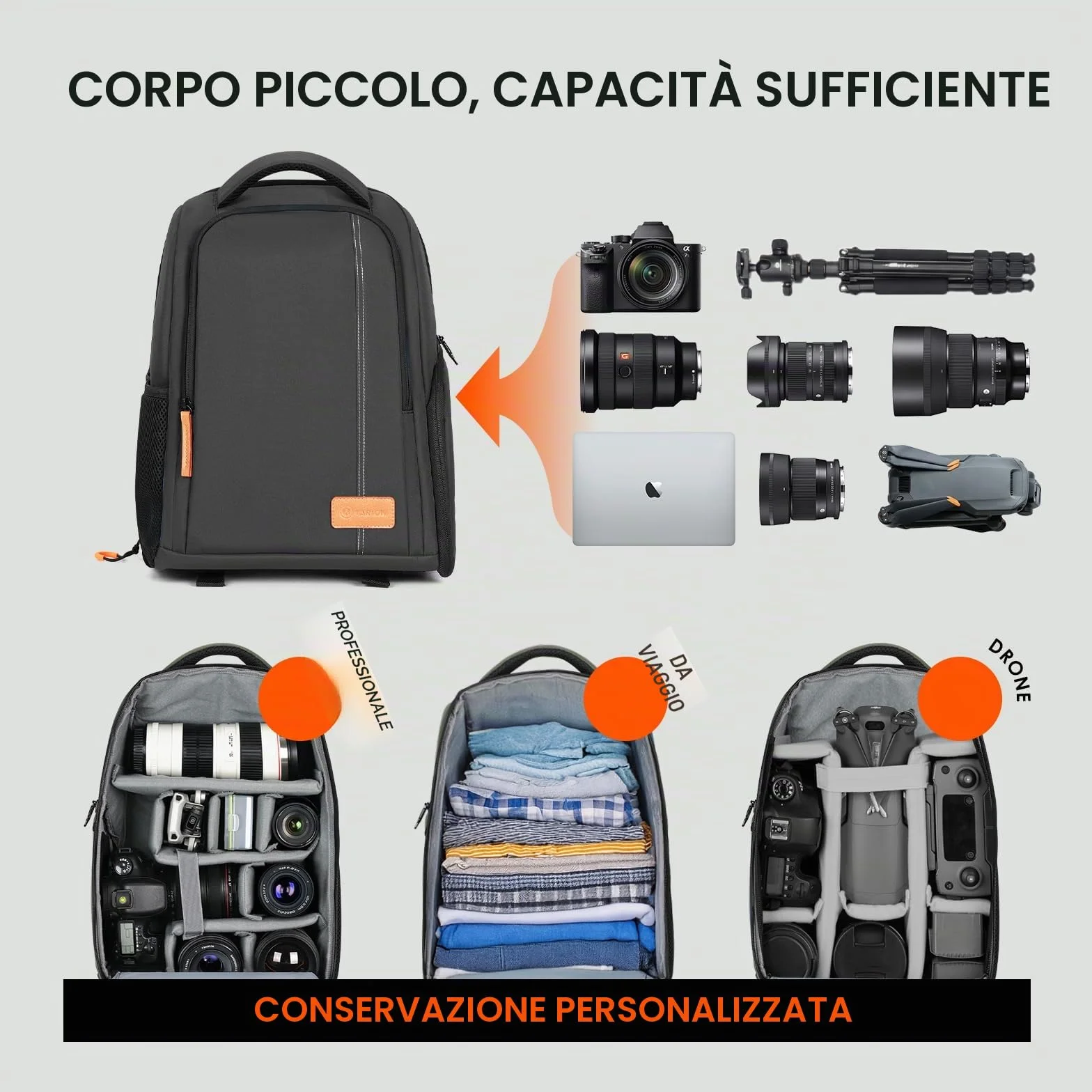TARION Zaino Fotografico Professionale Borsa per Fotocamera Reflex DSLR con Custodia per Laptop 15" Copertura Antipioggia TB-04