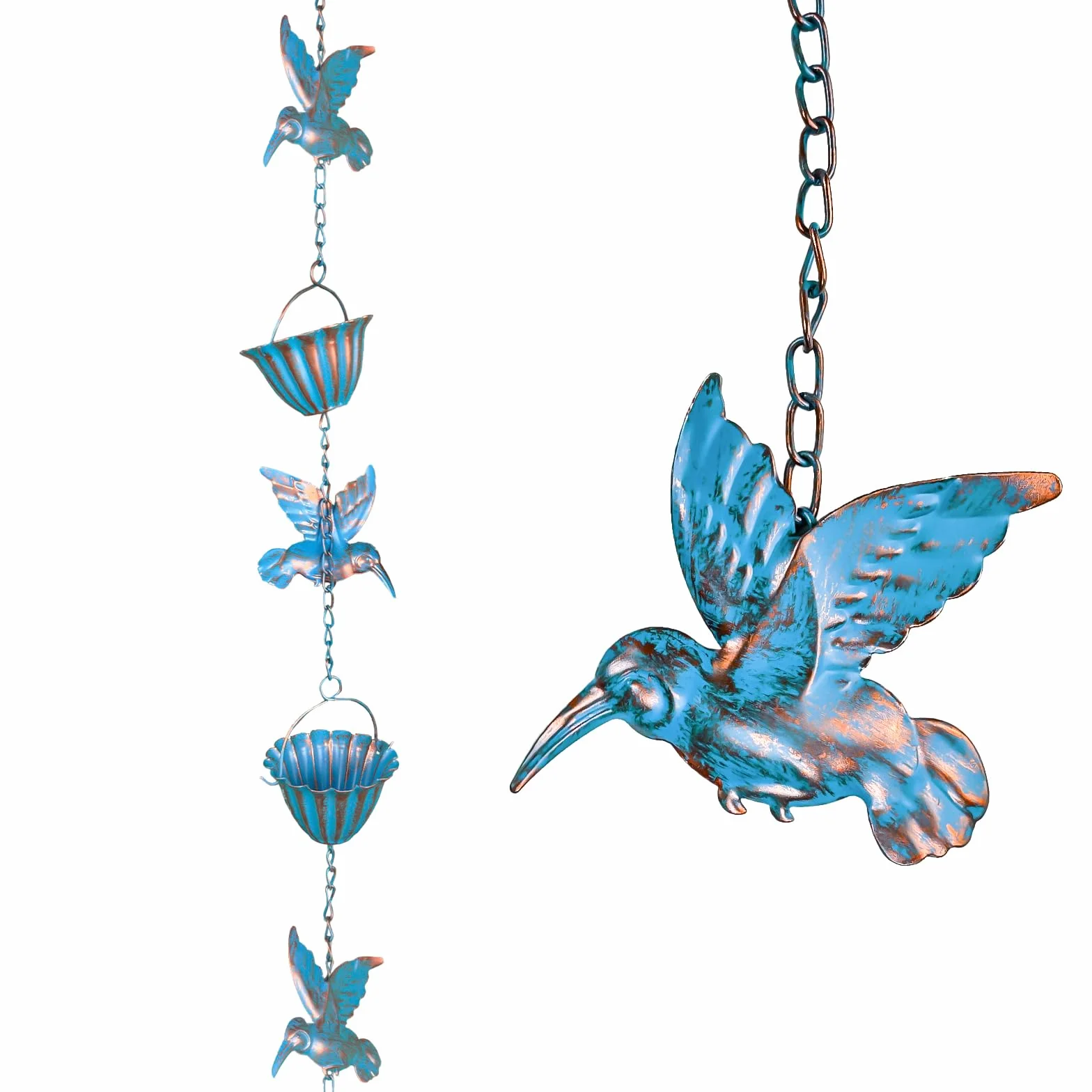 2,4 m Catene della Pioggia, Rain Chain Blu Colibrì Ferro retrò Collettore di Acqua Piovana per Esterni Adatto per Grondaie e Cornicioni del Cortile