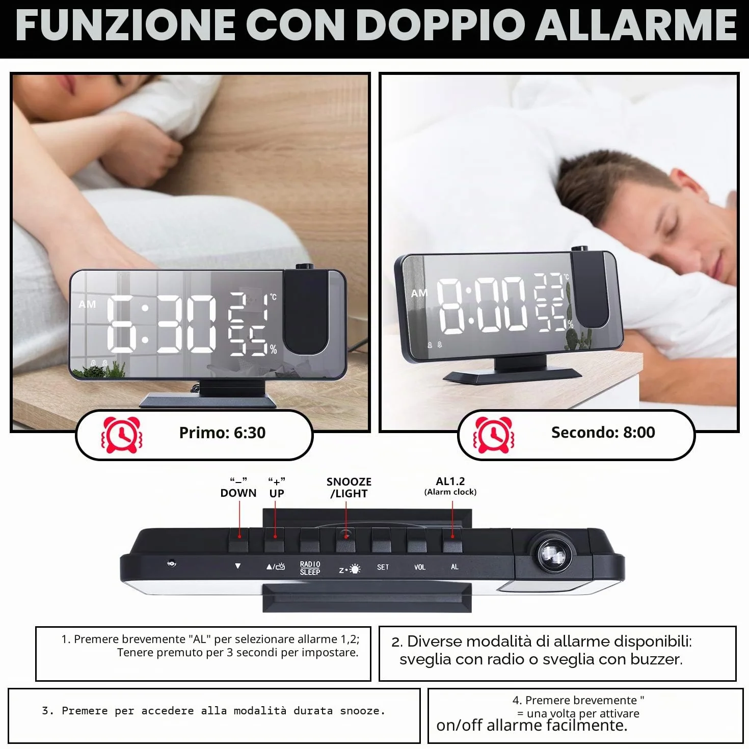 ThreeH Sveglia a Proiezione per Camera da Letto Ampio Display a Specchio LED 7,4'' con Ricarica USB Ruotabile 180° Nero-Bianco