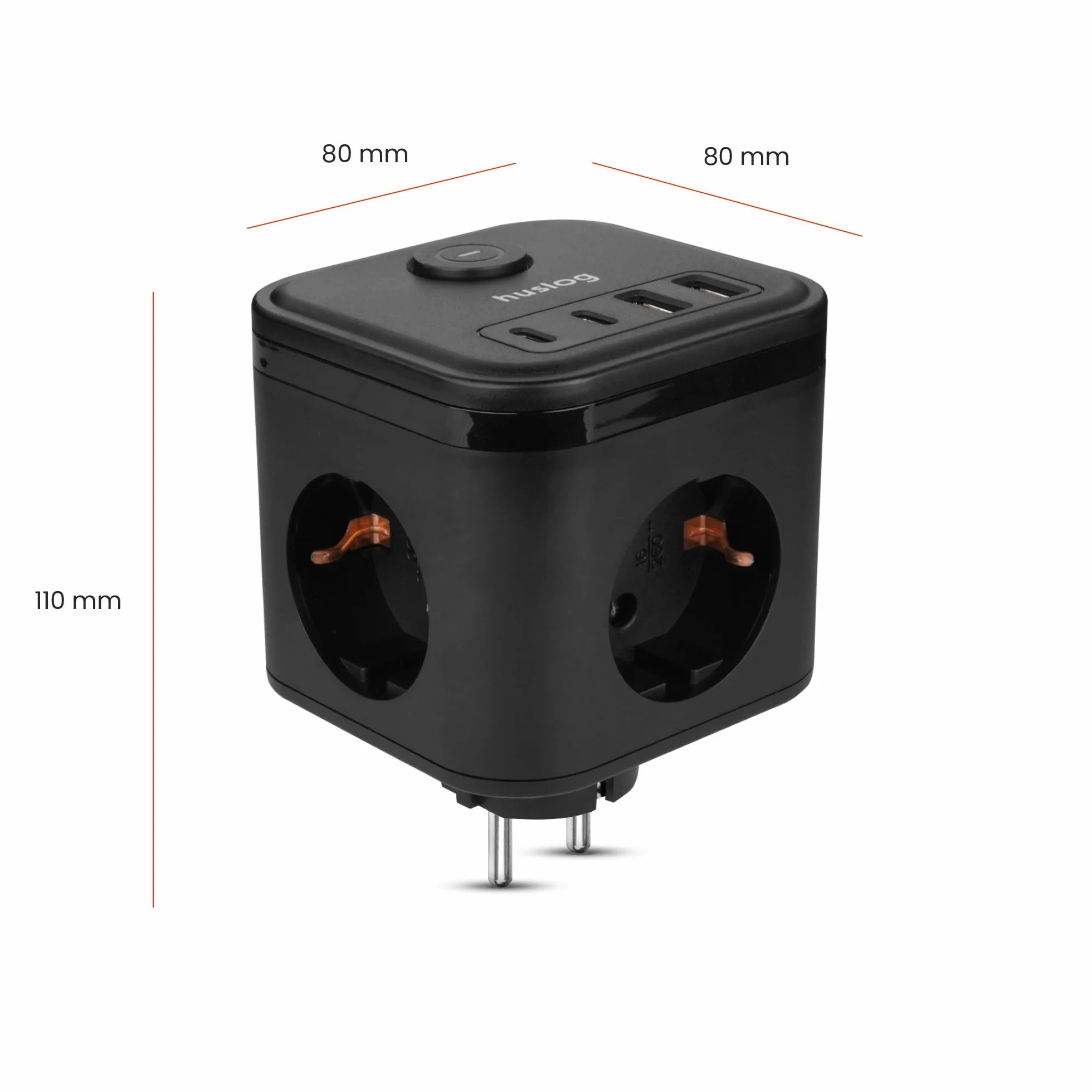 Cubo Multipresa 3 Prese AC 4 USB-C USB-A 3680W Compatta Ignifuga Interruttore ON/OFF Nera