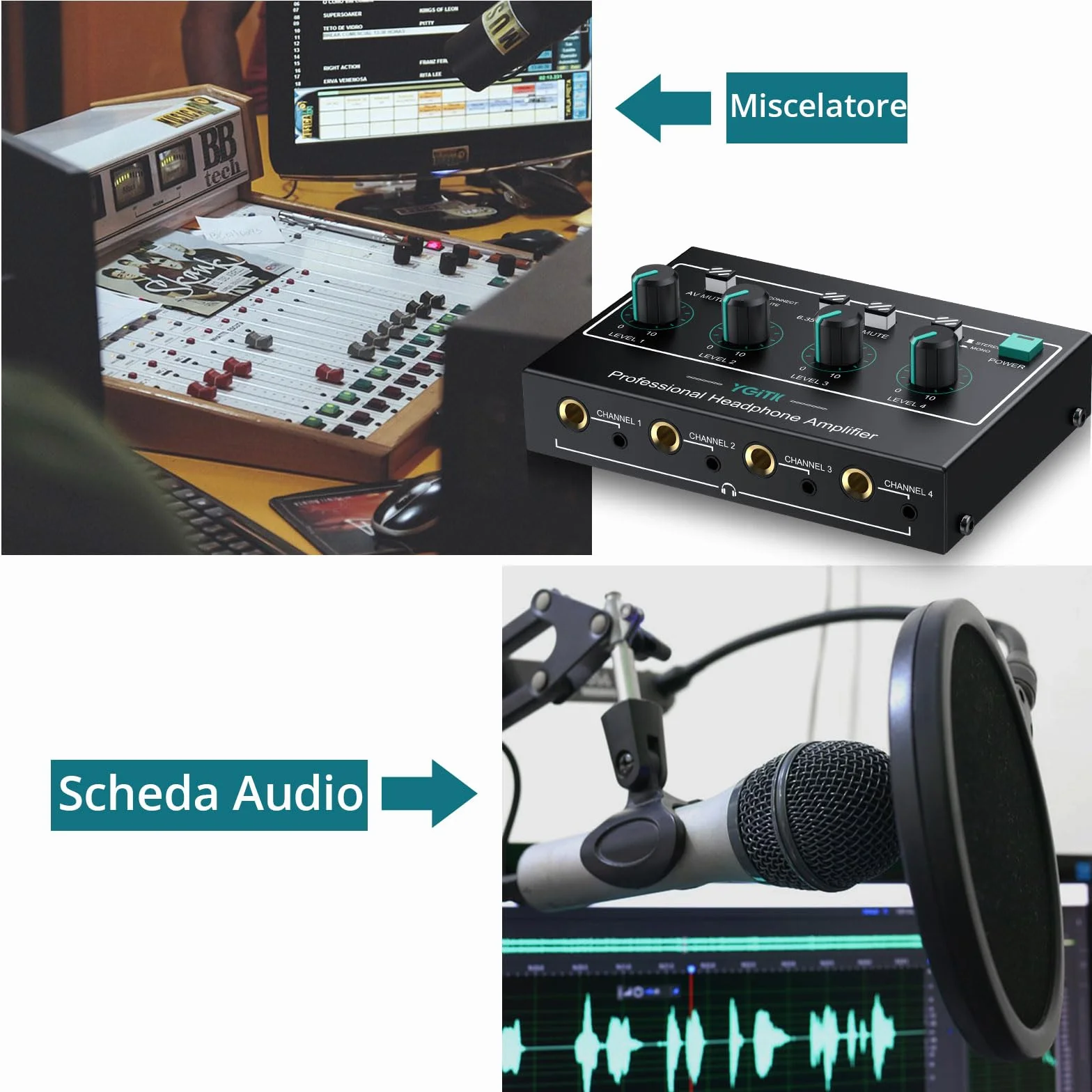 Amplificatore per Cuffie Professionale 4 Canali Audio Mono/Stereo con Ingressi 3,5 mm/6,35 mm per Club, Bar, Mixer