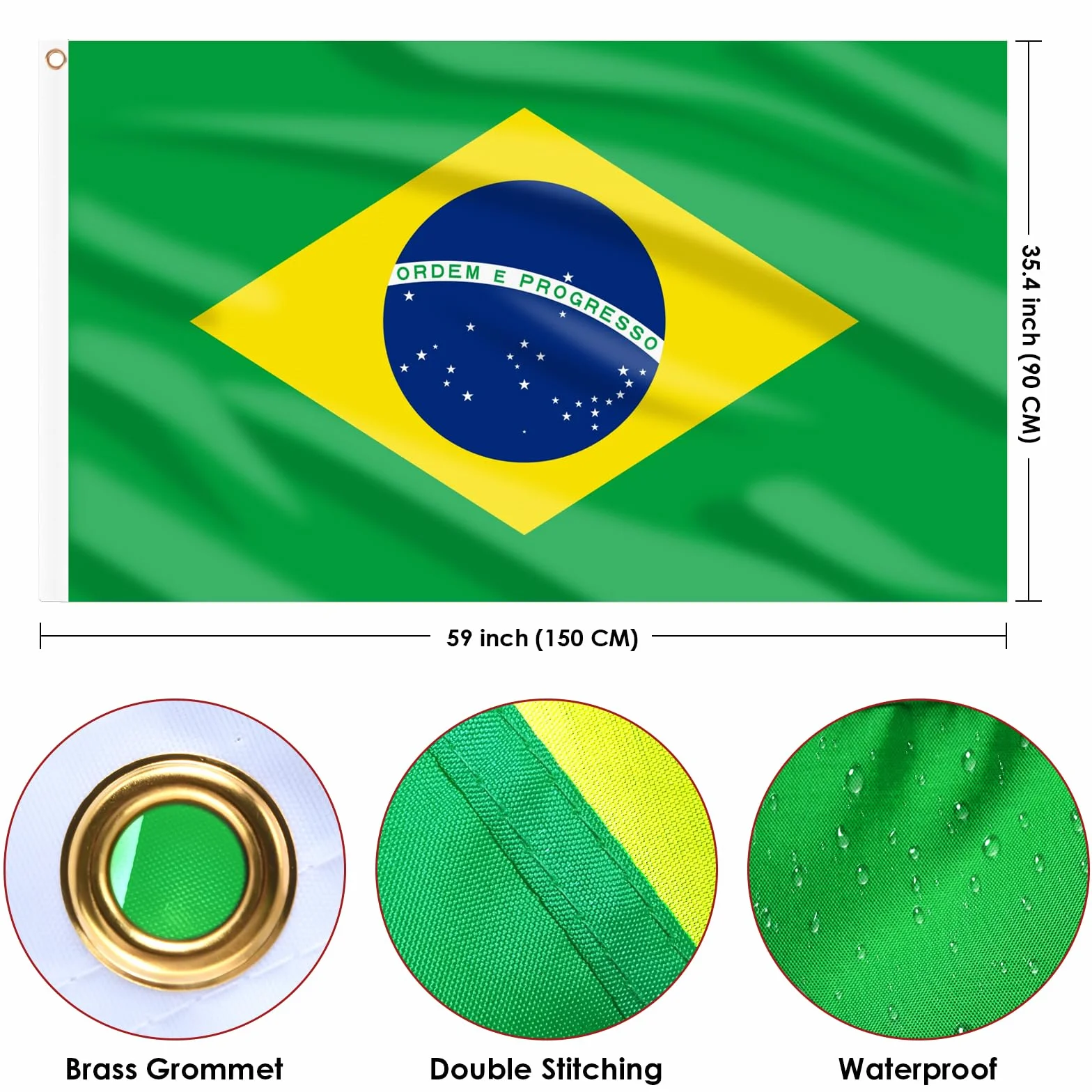 AhfuLife Brasiliana Bandiera Brasile 150 x 90cm Doppio Lato con Occhielli in Ottone per Coppa del Mondo Calcio