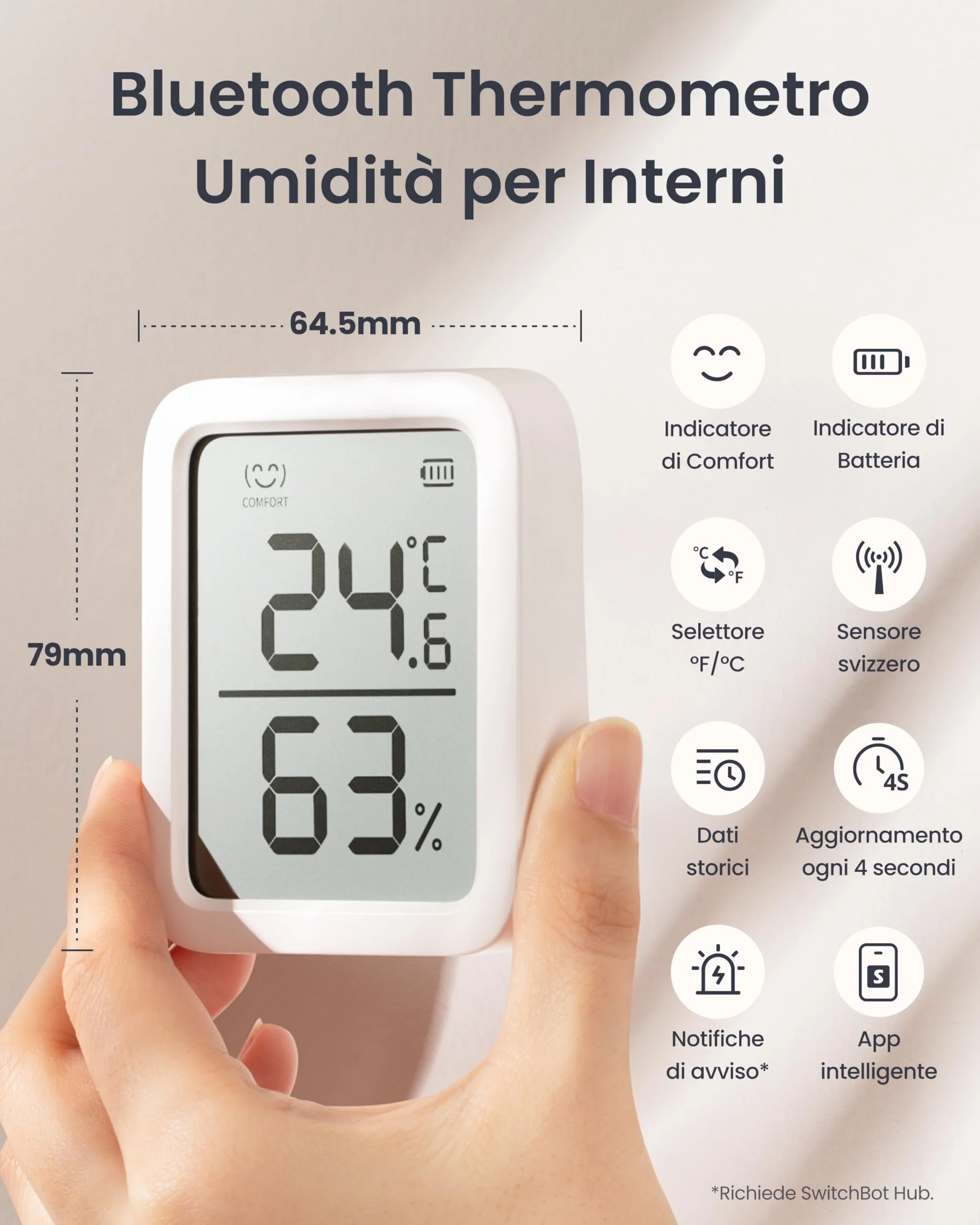 SwitchBot Termometro Igrometro Bluetooth per Casa, Sensore di Temperatura e Umidità Interno con Memorizzazione Dati