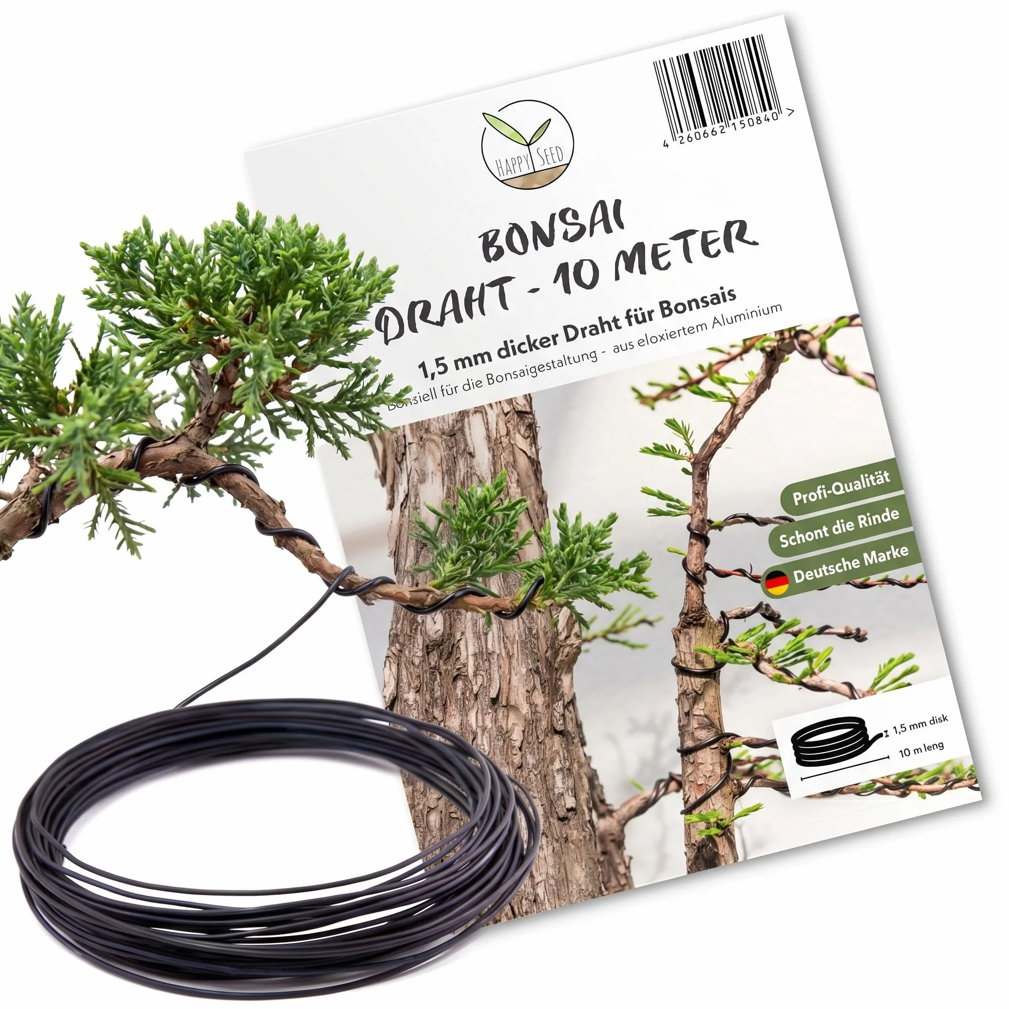 HAPPY SEED 10 m Filo per Bonsai in Alluminio anodizzato, Nero - Essenziale per Ottenere la Forma Desiderata del Bonsai - Ideale per cablare Alberi e Piante (1,5 mm)