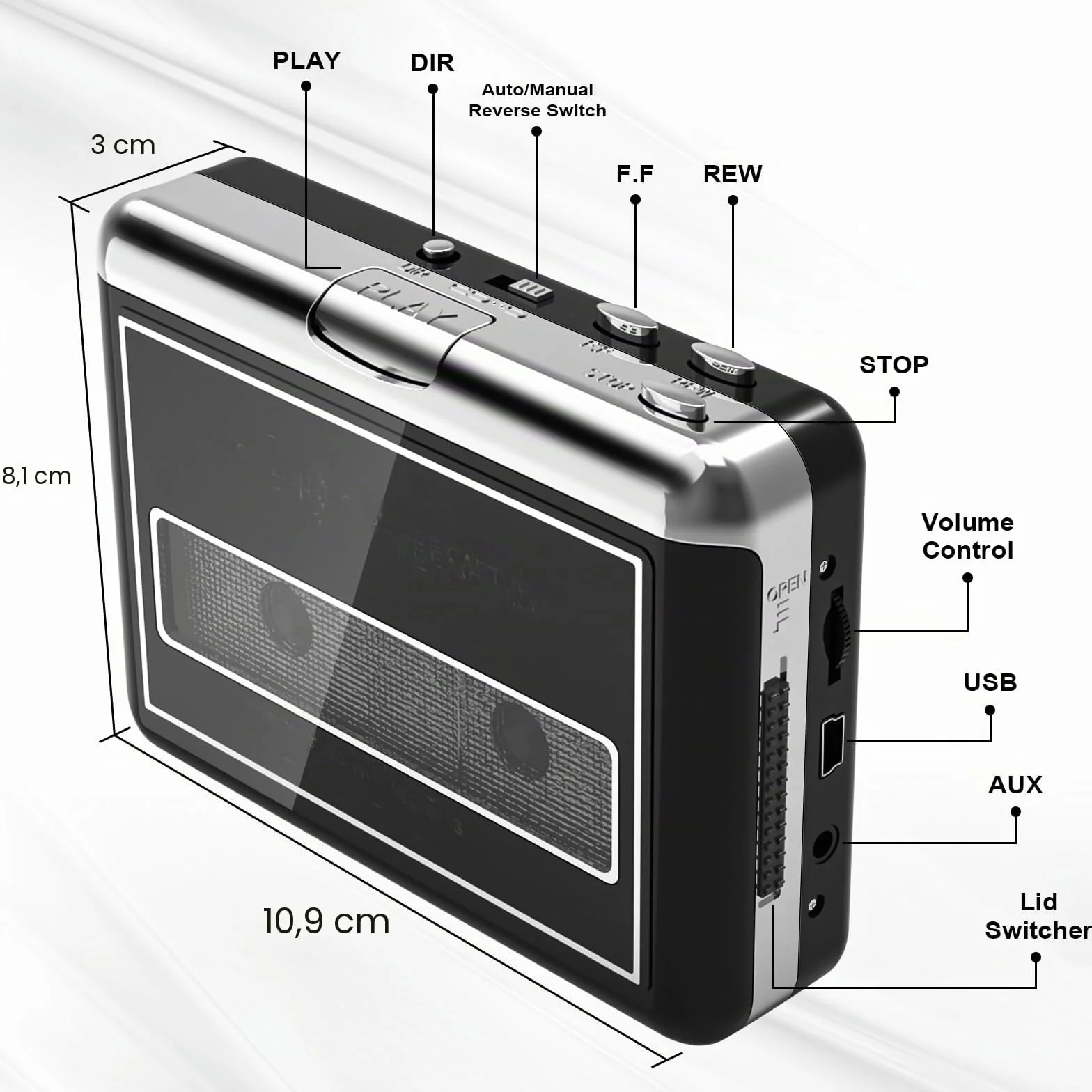 Lettore di Cassette Portatile, Converte in MP3, Compatibile con Computer, Riavvolgimento Automatico, Registrazione Digitale
