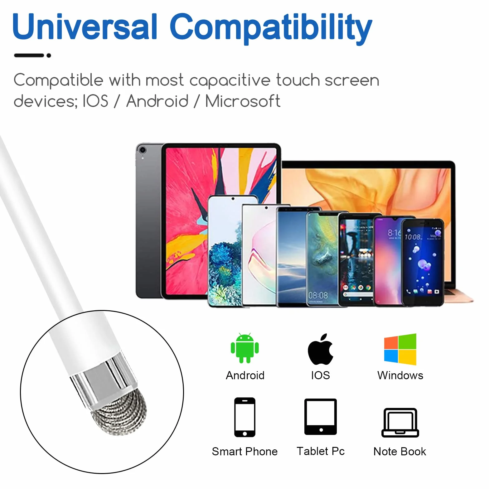 Pennini capacitivi per touch screen, punta a disco, universale, bianco